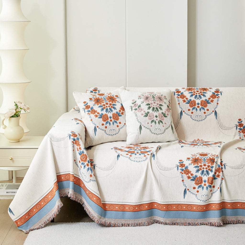 Charming French Country Floral Basket Sofa Throw Cover Rustic Farmhouse-Style Couch Cover Blankets