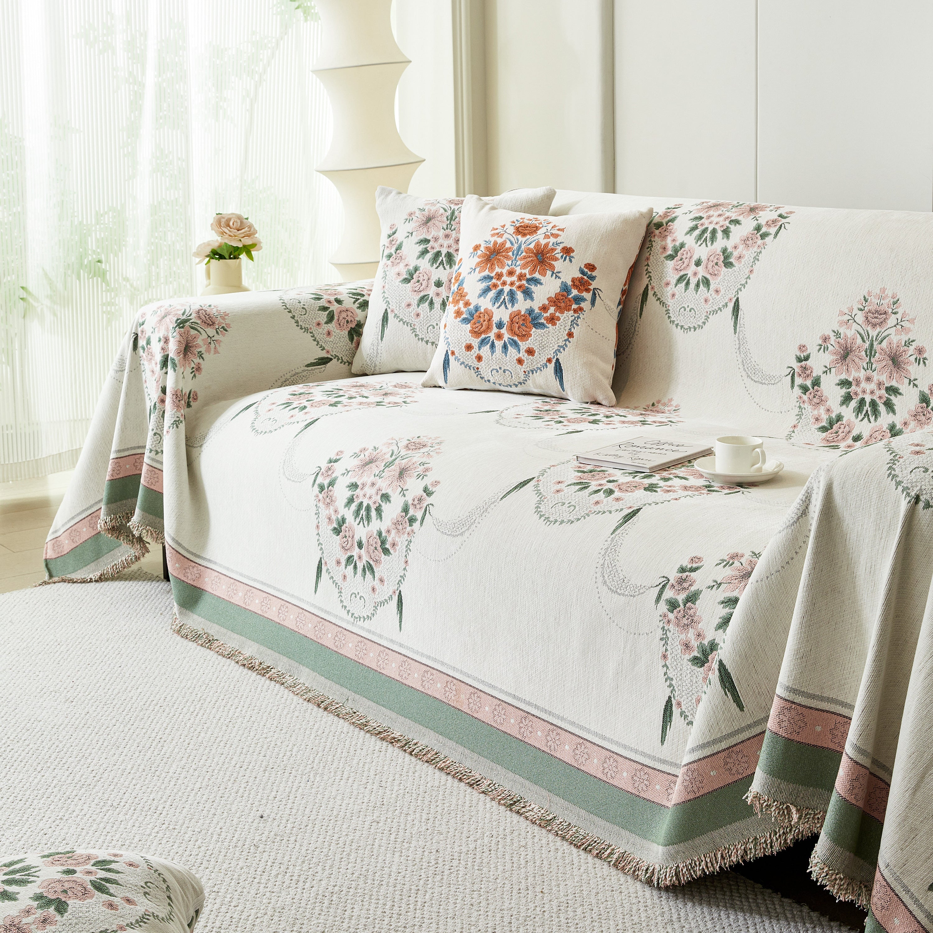 Charming French Country Floral Basket Sofa Throw Cover Rustic Farmhouse-Style Couch Cover Blankets