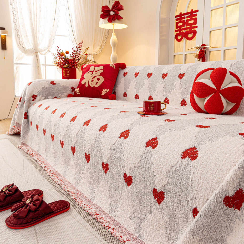 Chinese New Year Sofa Throw Cover Blanket, Decor Festive Red Fu Pattern Couch Cover