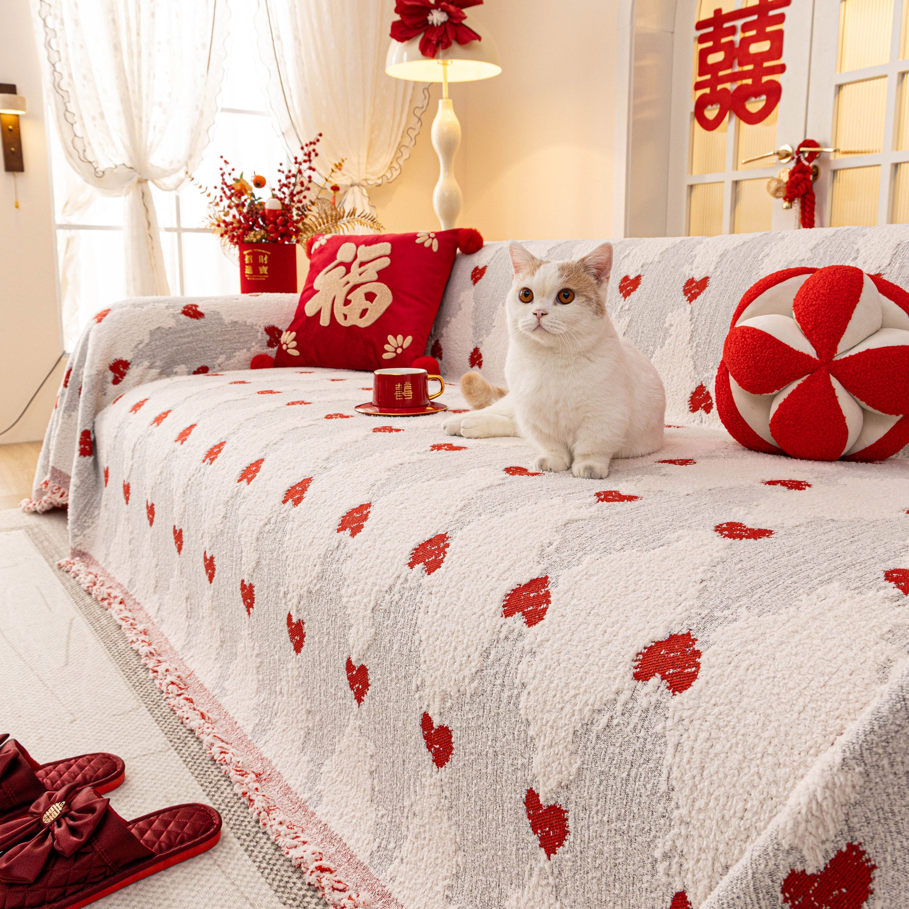 Chinese New Year Sofa Throw Cover Blanket, Decor Festive Red Fu Pattern Couch Cover