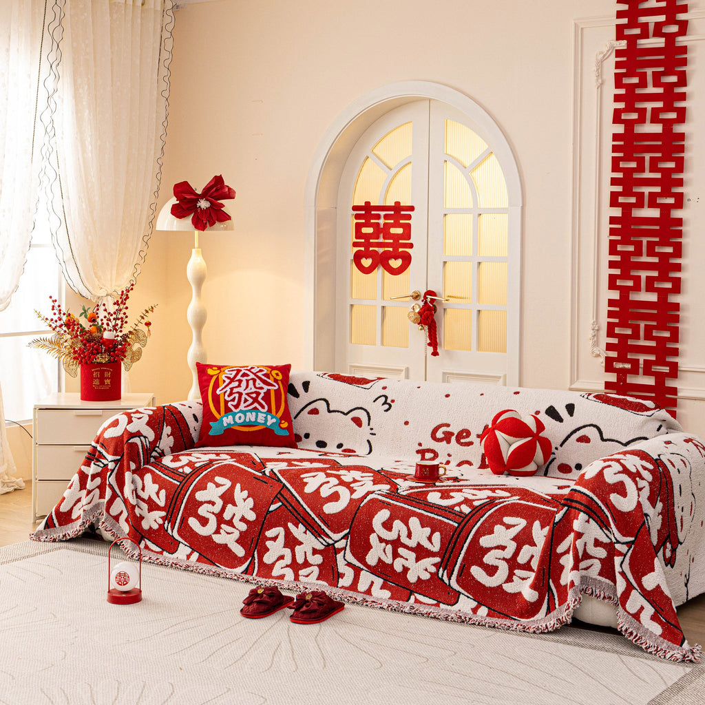 Chinese New Year Sofa Throw Cover Blanket, Decor Festive Red Fu Pattern Couch Cover