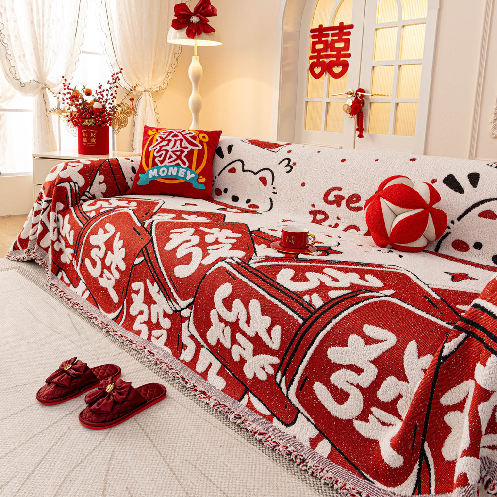 Chinese New Year Sofa Throw Cover Blanket, Decor Festive Red Fu Pattern Couch Cover