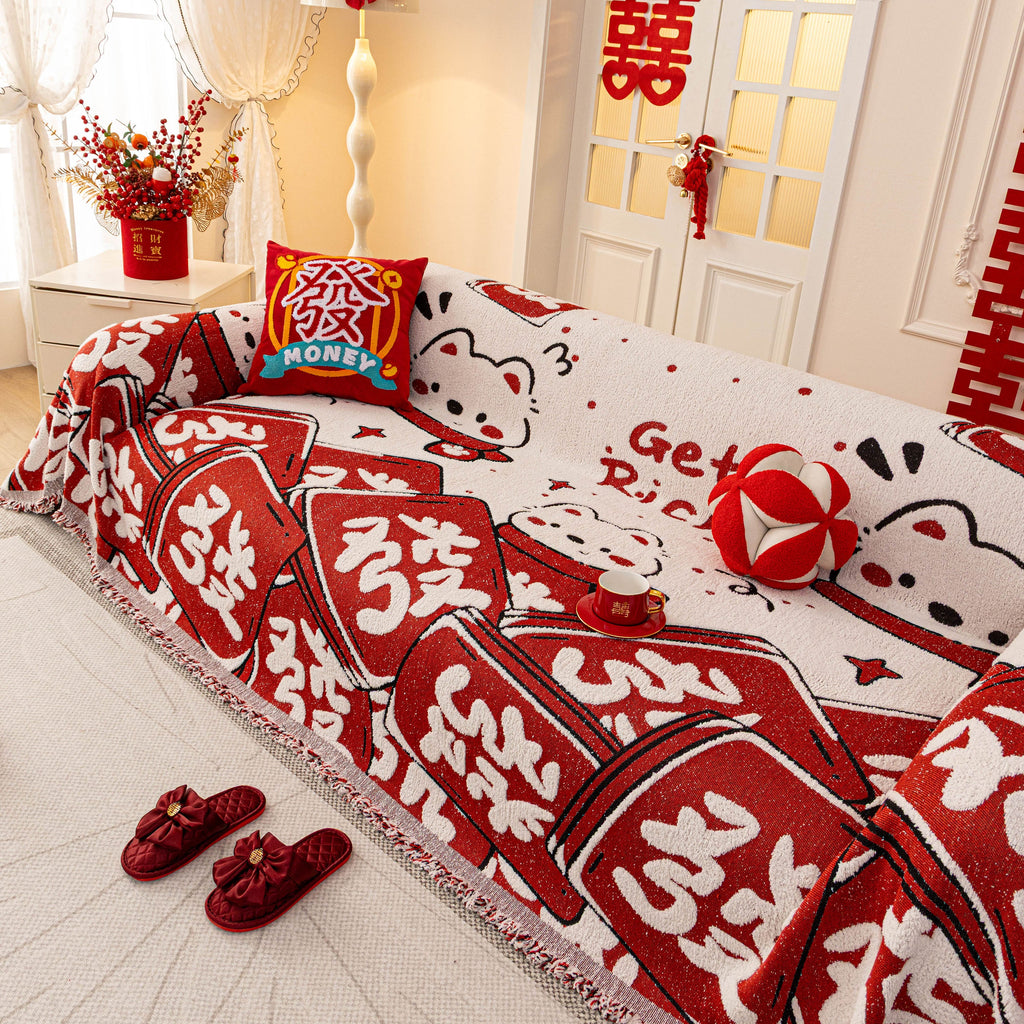 Chinese New Year Sofa Throw Cover Blanket, Decor Festive Red Fu Pattern Couch Cover