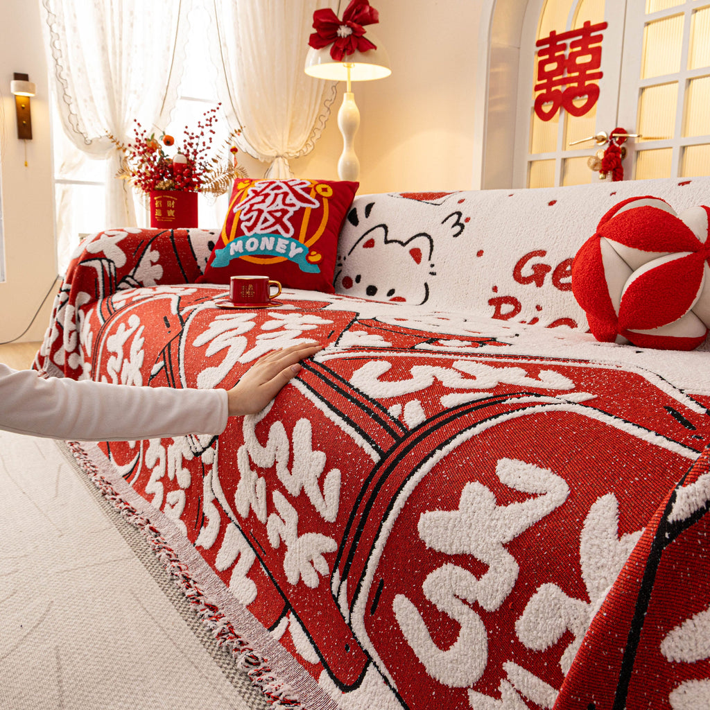 Chinese New Year Sofa Throw Cover Blanket, Decor Festive Red Fu Pattern Couch Cover