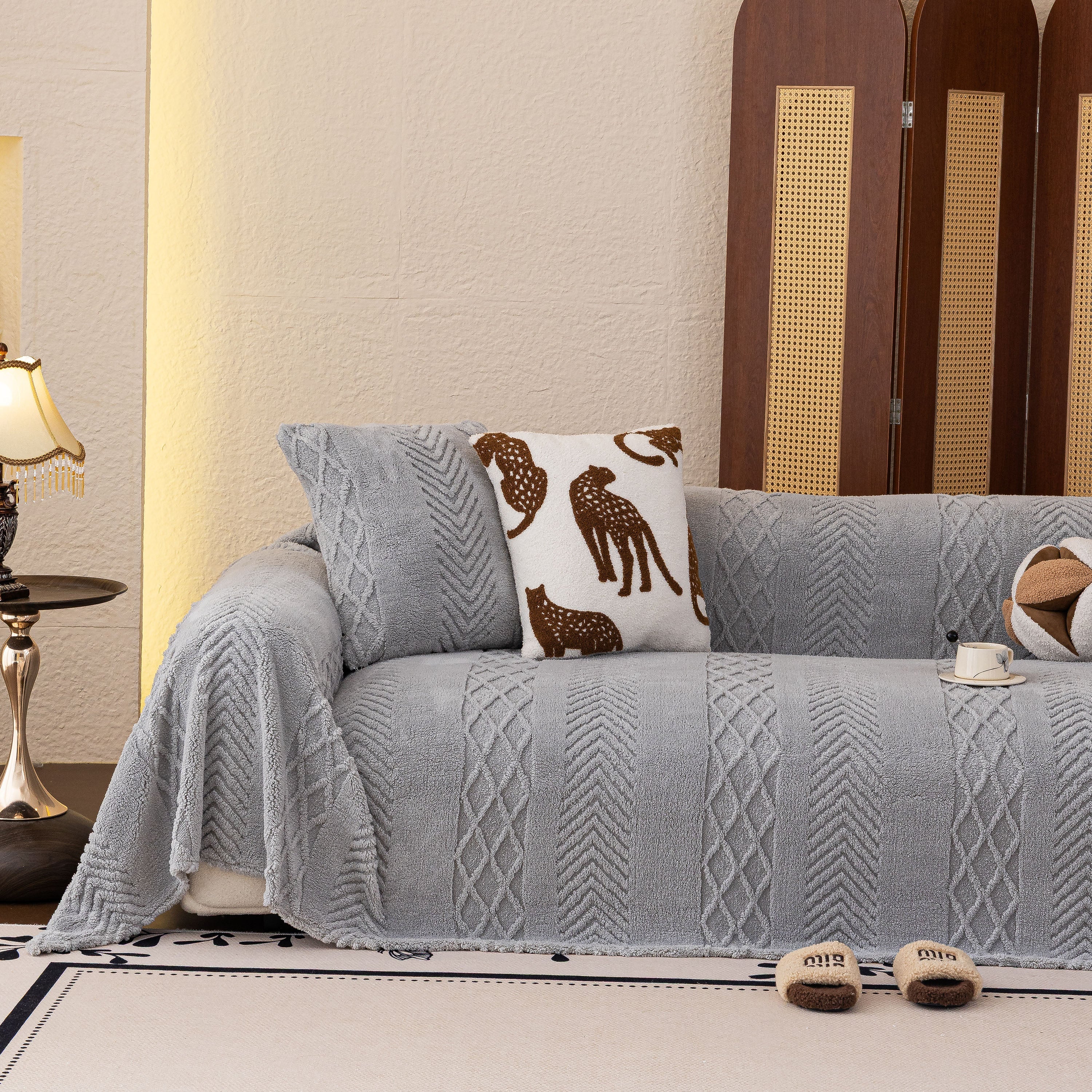 Plush Fleece Sofa Cover with 3D Cable Knit Texture Soft Cozy Warm Sofa Throw Blanket