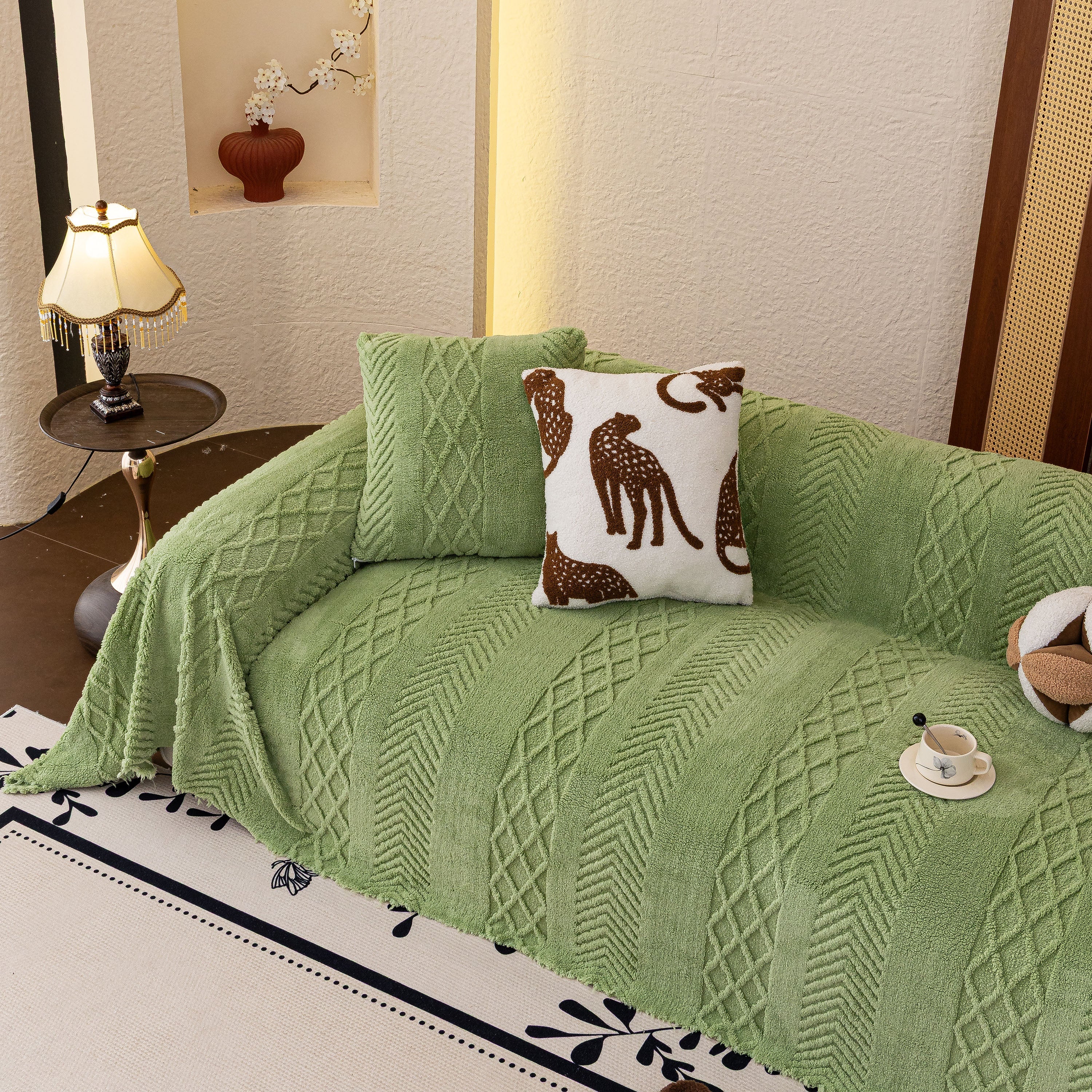Plush Fleece Sofa Cover with 3D Cable Knit Texture Soft Cozy Warm Sofa Throw Blanket