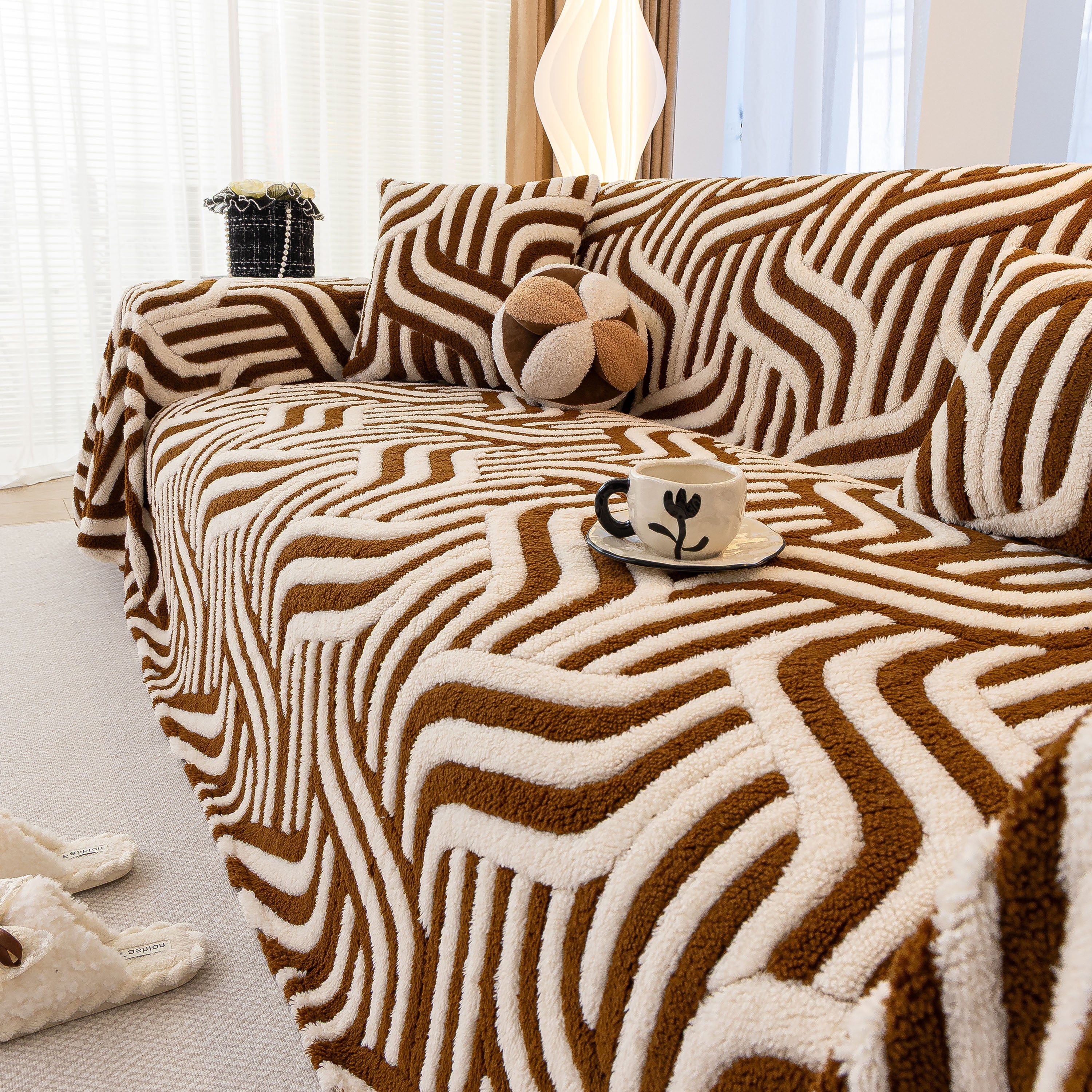Plush Sherpa Sofa Throw Cover for Sectional, Jacquard Wave Throw Furniture Protector
