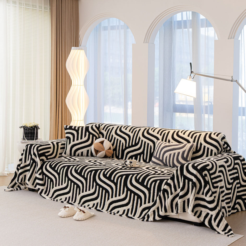 Plush Sherpa Sofa Throw Cover for Sectional, Jacquard Wave Throw Furniture Protector