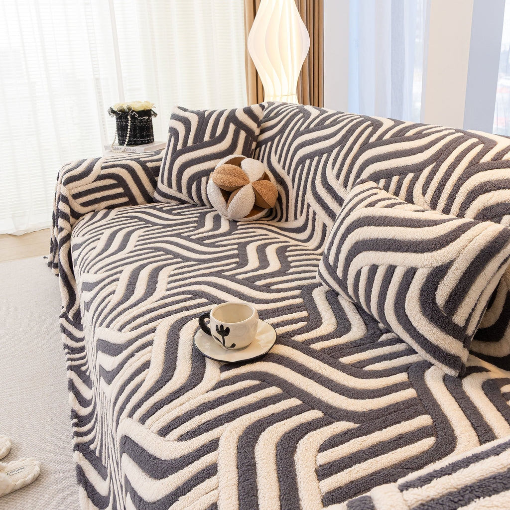 Plush Sherpa Sofa Throw Cover for Sectional, Jacquard Wave Throw Furniture Protector
