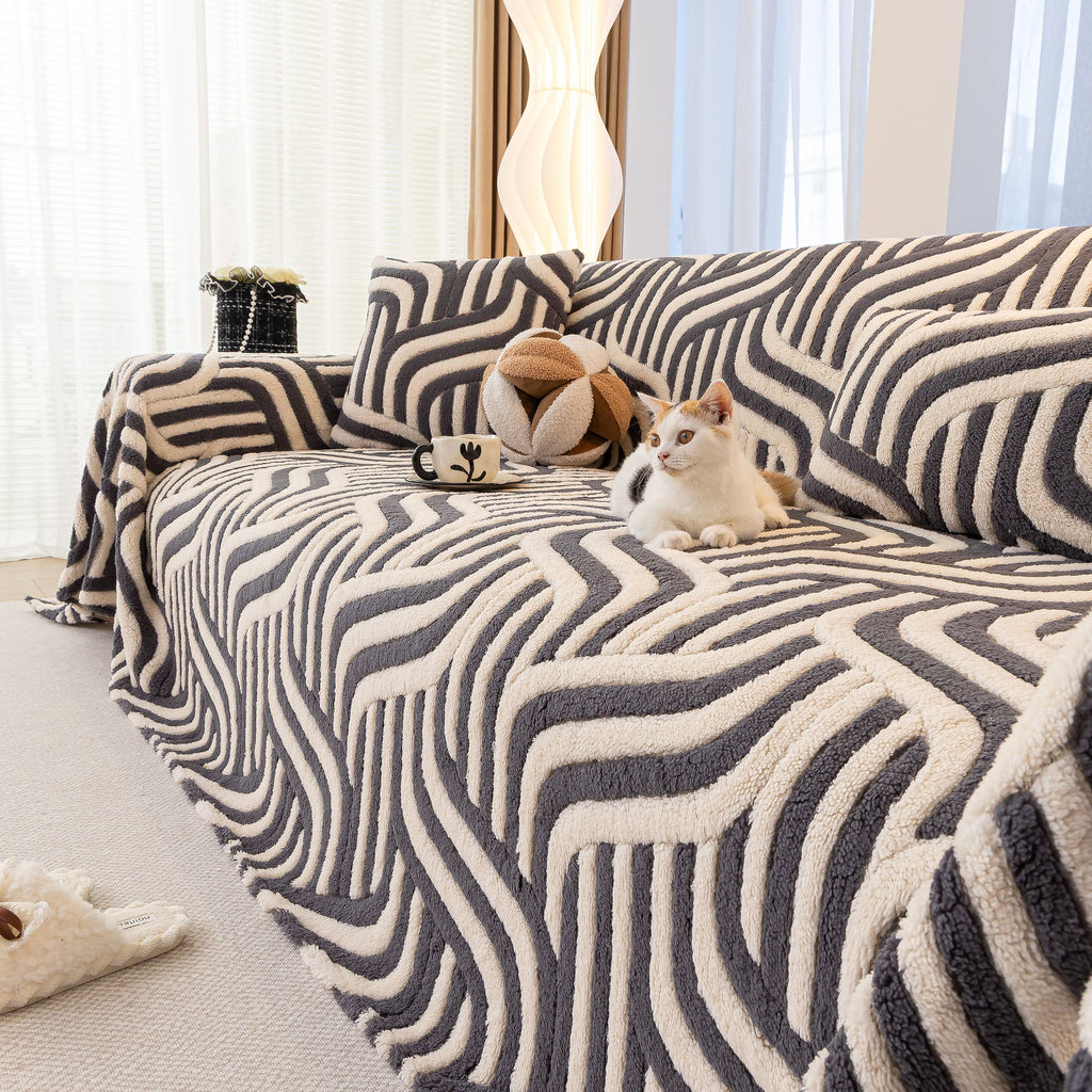 Plush Sherpa Sofa Throw Cover for Sectional, Jacquard Wave Throw Furniture Protector