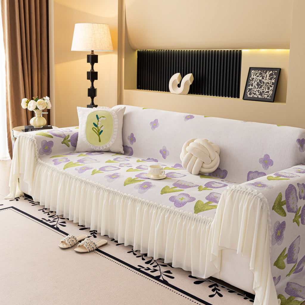 Ruffled Sweet Floral Sofa Cover with Skirt, Soft and Decorative Couch Throw Cover