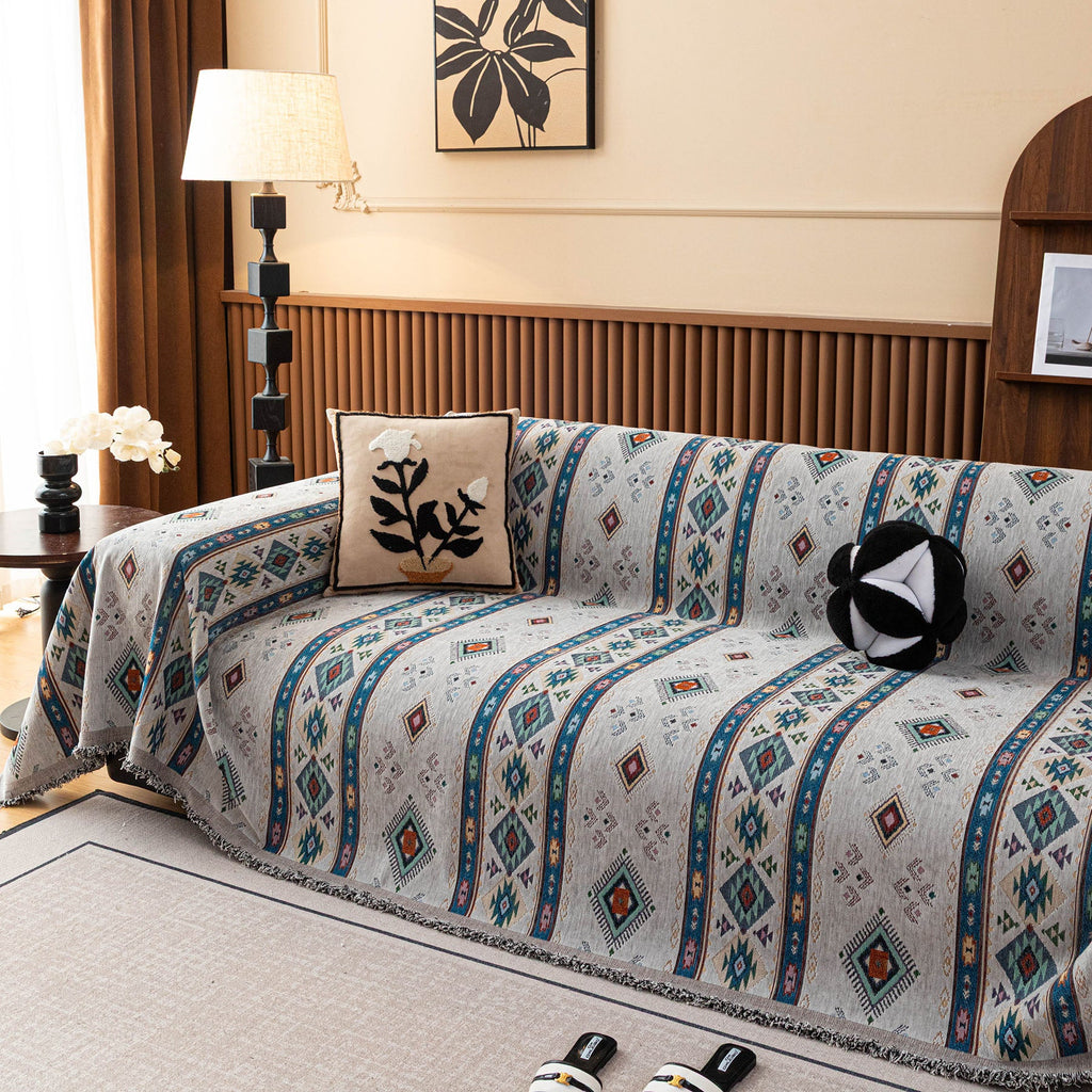 Southwestern Boho Woven Tribal Sofa Cover Blanket, Rustic Farmhouse Couch Throw Cover