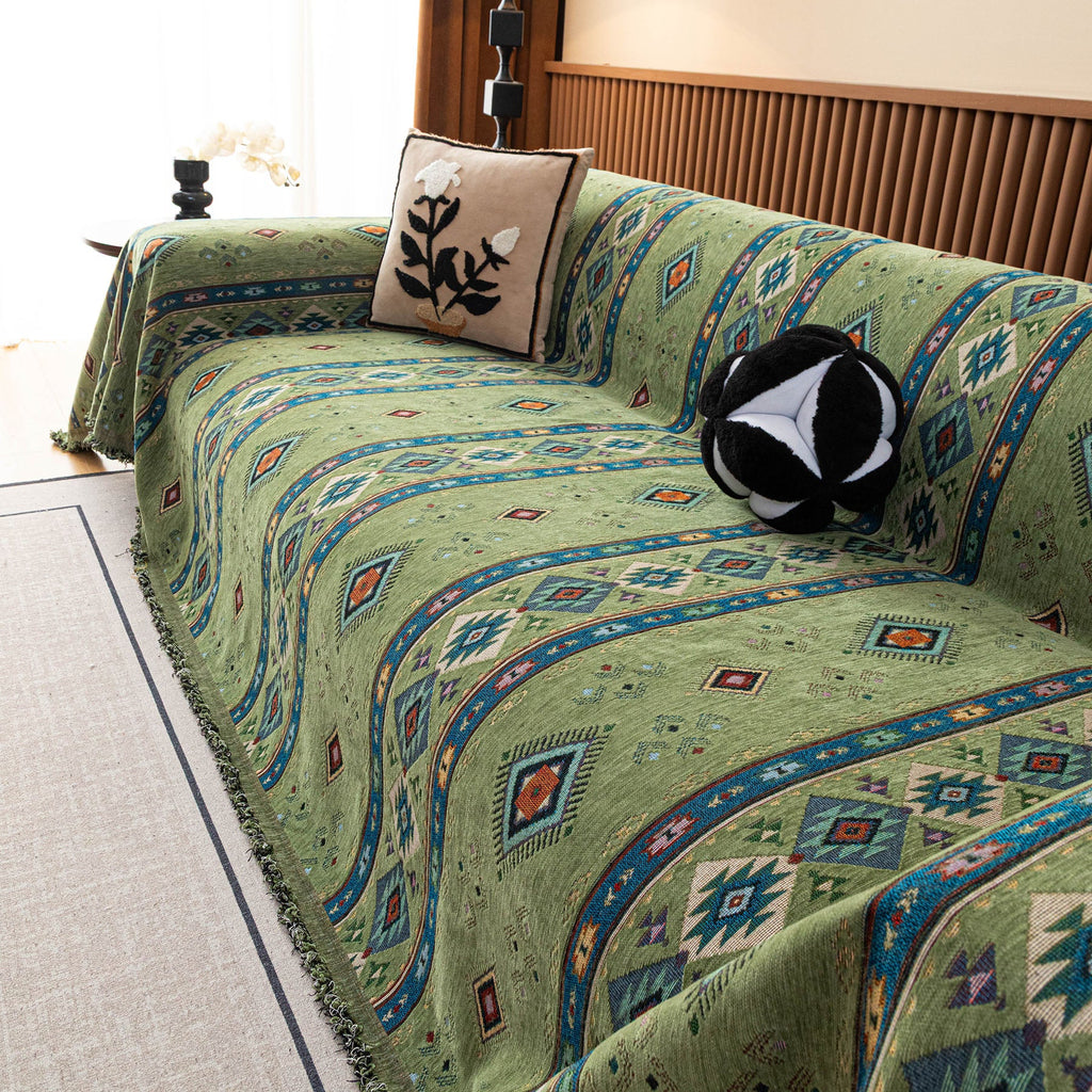 Southwestern Boho Woven Tribal Sofa Cover Blanket, Rustic Farmhouse Couch Throw Cover