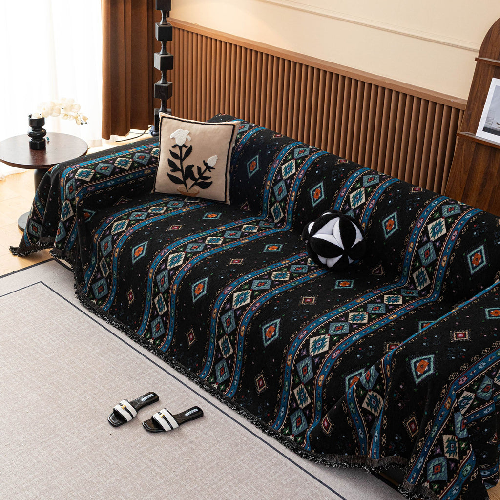 Southwestern Boho Woven Tribal Sofa Cover Blanket, Rustic Farmhouse Couch Throw Cover