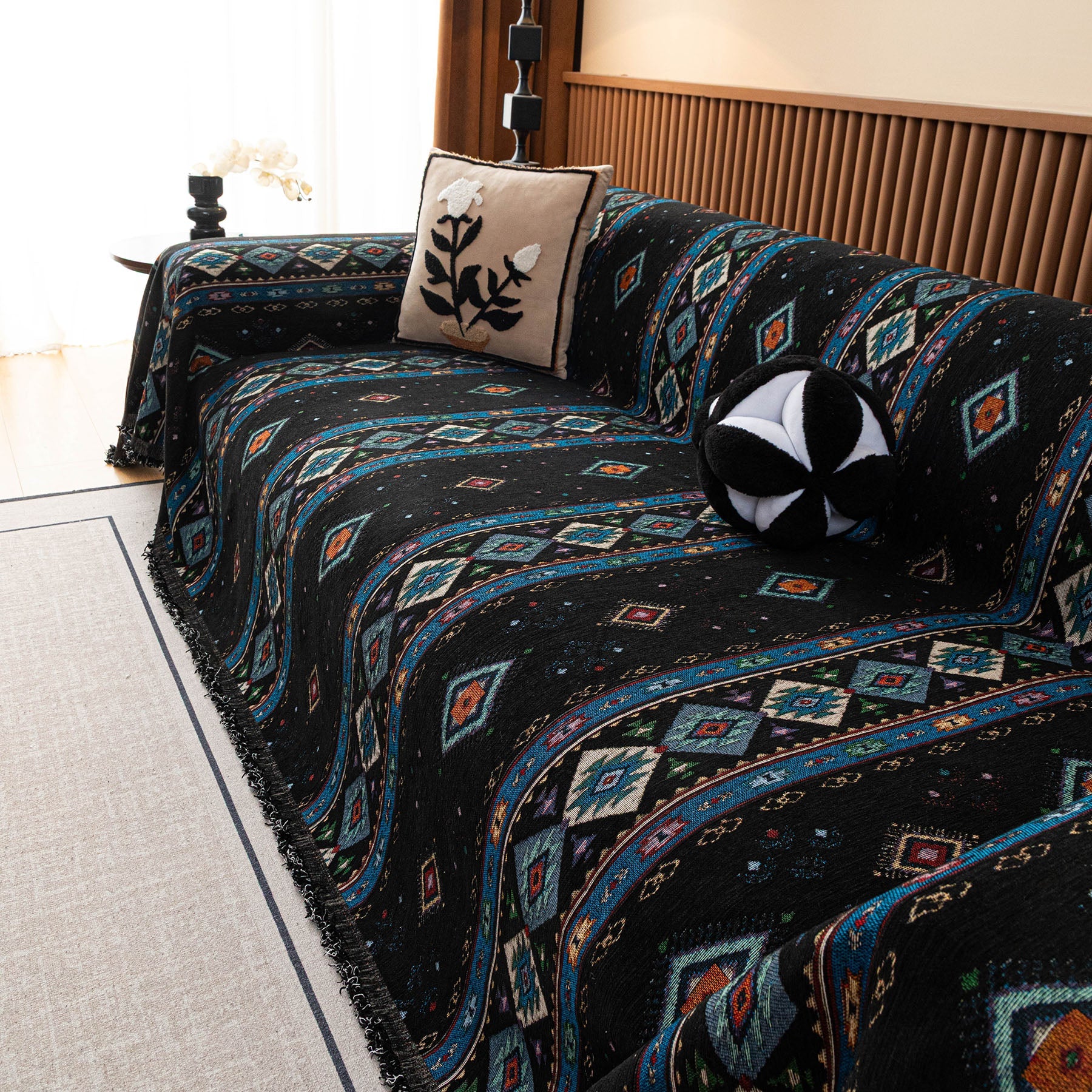 Southwestern Boho Woven Tribal Sofa Cover Blanket, Rustic Farmhouse Couch Throw Cover