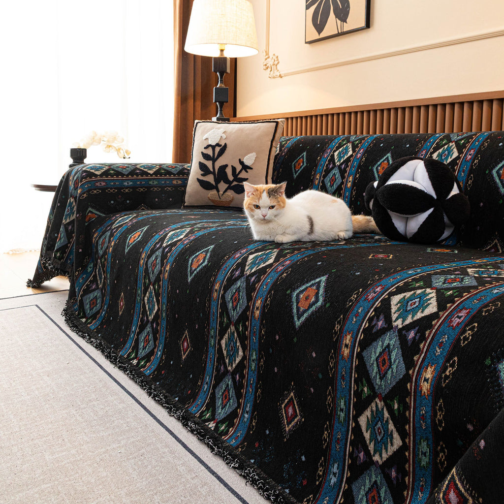 Southwestern Boho Woven Tribal Sofa Cover Blanket, Rustic Farmhouse Couch Throw Cover