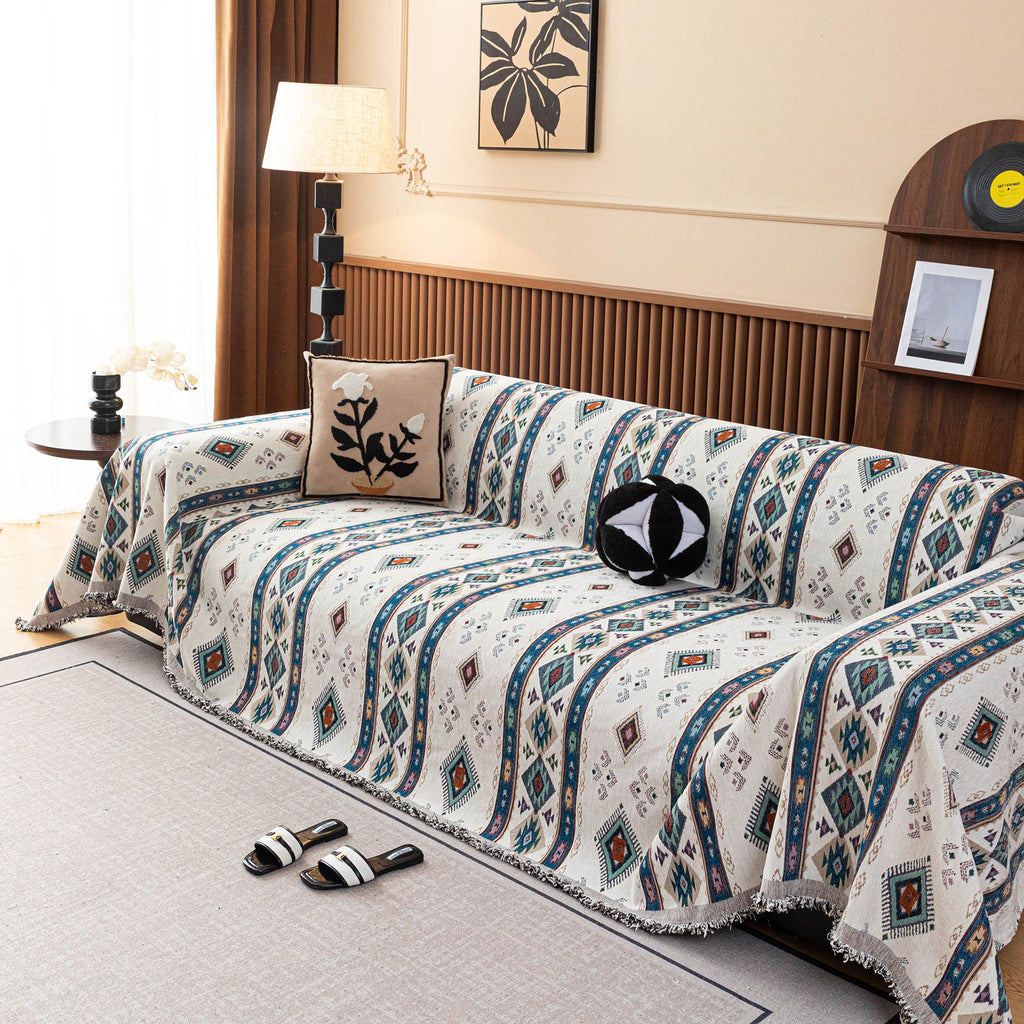 Southwestern Boho Woven Tribal Sofa Cover Blanket, Rustic Farmhouse Couch Throw Cover