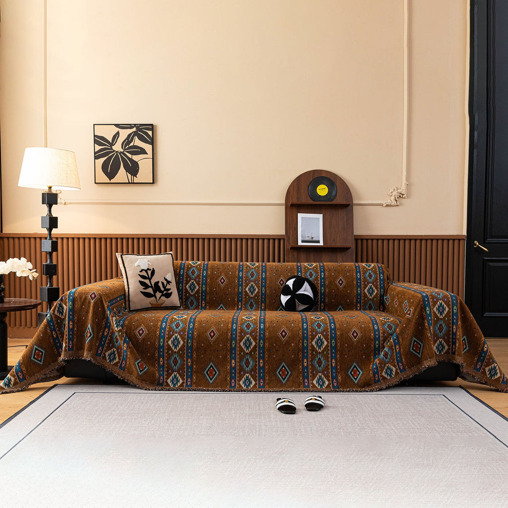 Southwestern Boho Woven Tribal Sofa Cover Blanket, Rustic Farmhouse Couch Throw Cover