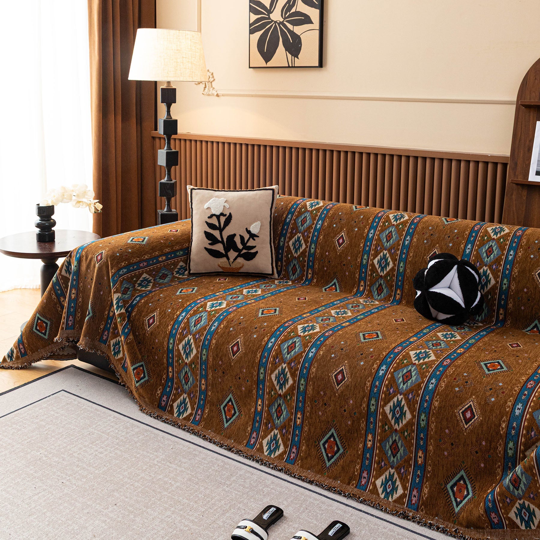 Southwestern Boho Woven Tribal Sofa Cover Blanket, Rustic Farmhouse Couch Throw Cover