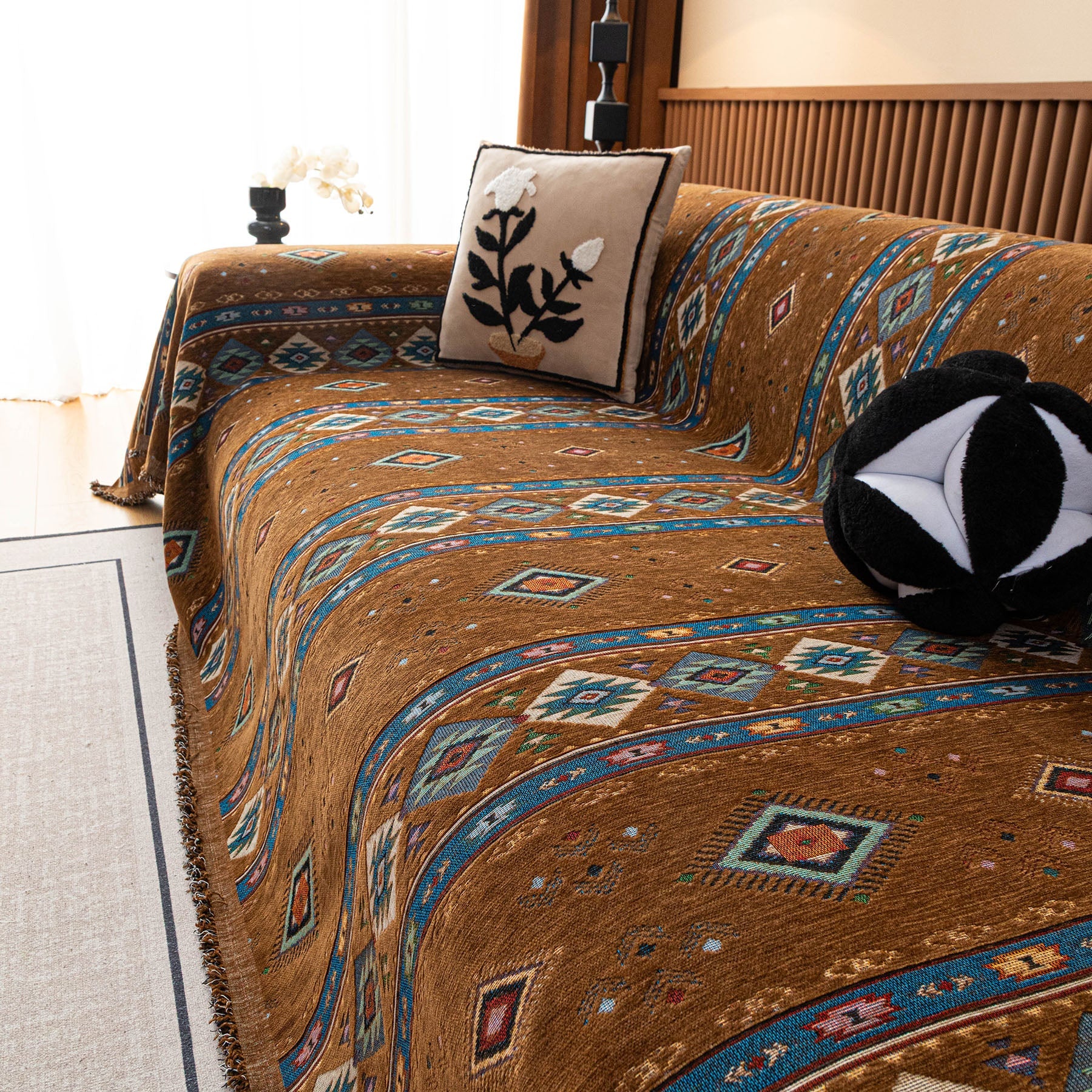 Southwestern Boho Woven Tribal Sofa Cover Blanket, Rustic Farmhouse Couch Throw Cover