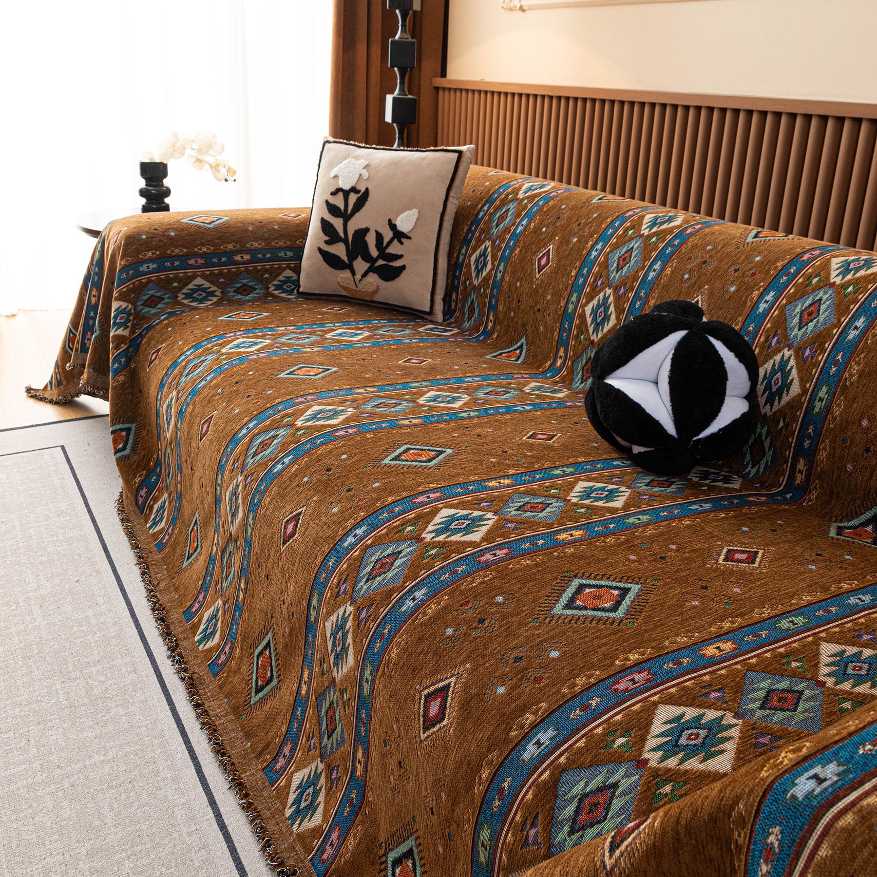 Southwestern Boho Woven Tribal Sofa Cover Blanket, Rustic Farmhouse Couch Throw Cover