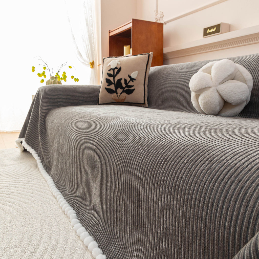 Textured Striped Cozy Couch Cover Throw Blanket with Pom Pom Trim for Sectional Sofa
