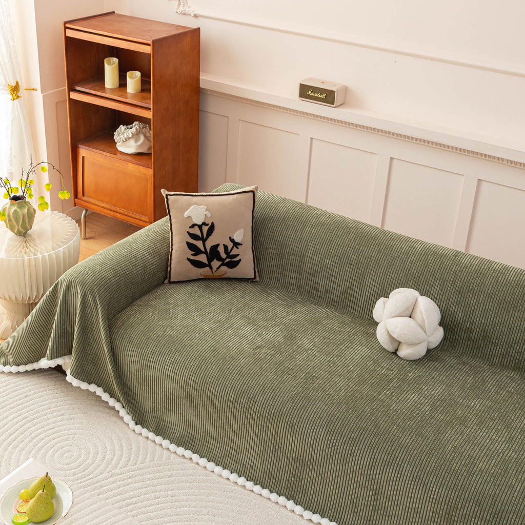 Textured Striped Cozy Couch Cover Throw Blanket with Pom Pom Trim for Sectional Sofa