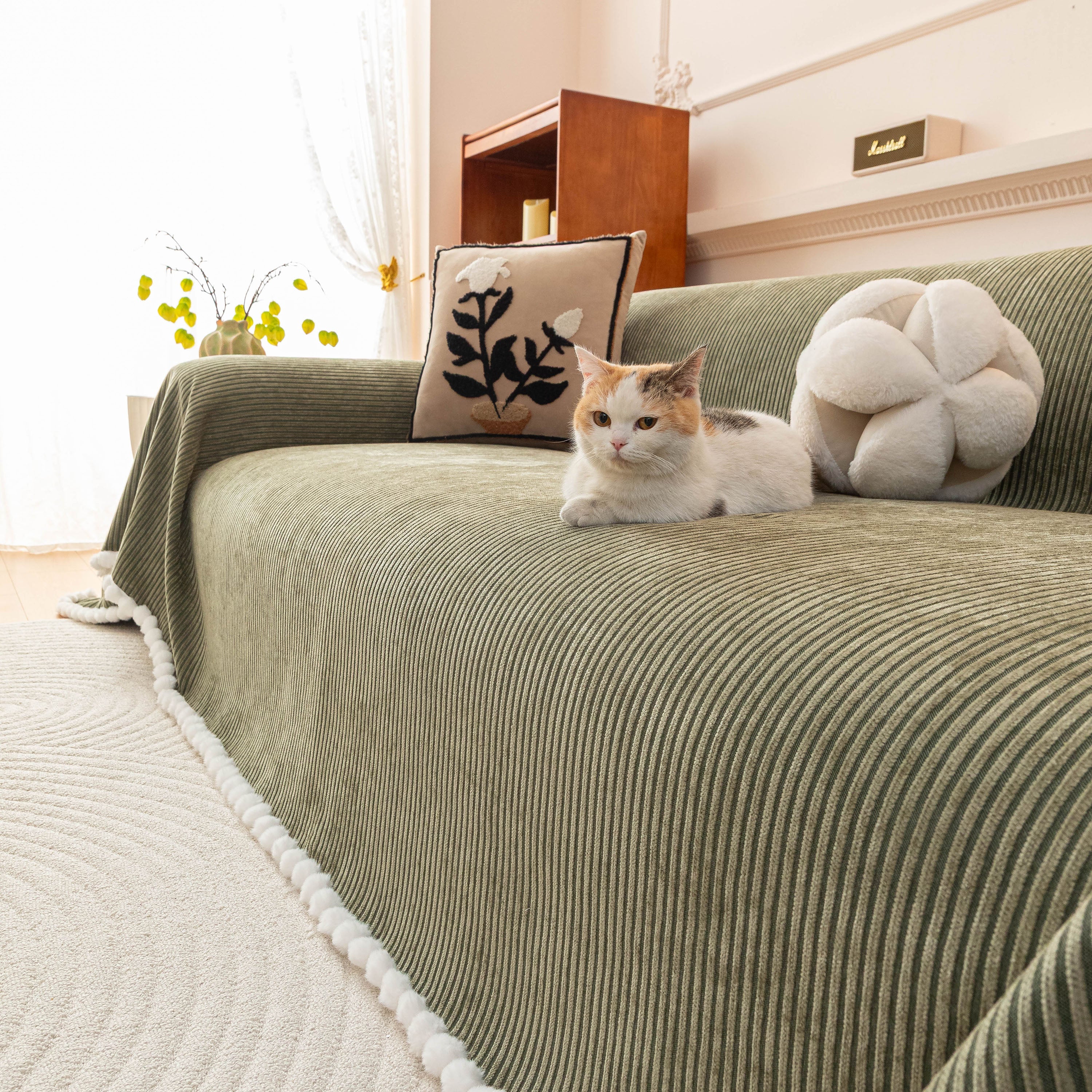 Textured Striped Cozy Couch Cover Throw Blanket with Pom Pom Trim for Sectional Sofa
