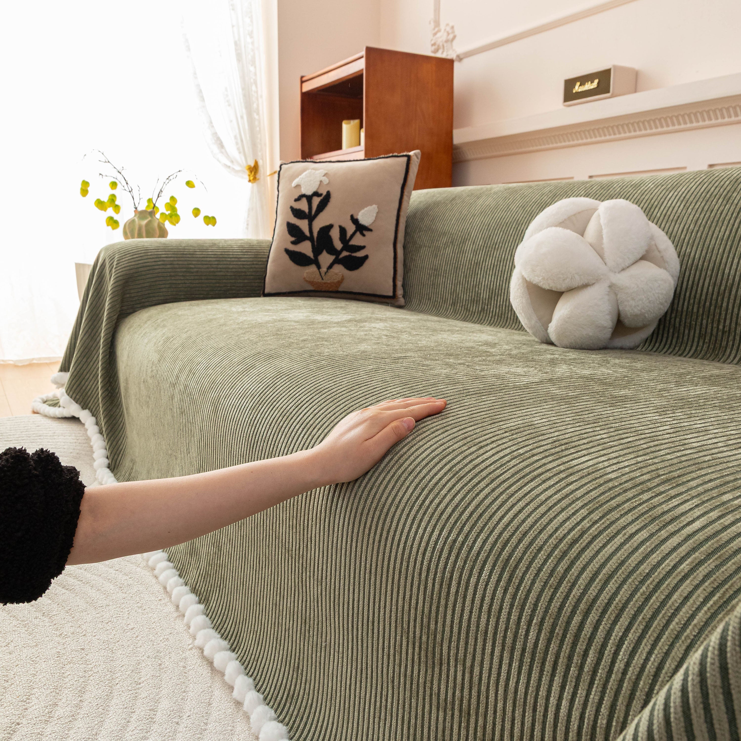 Textured Striped Cozy Couch Cover Throw Blanket with Pom Pom Trim for Sectional Sofa