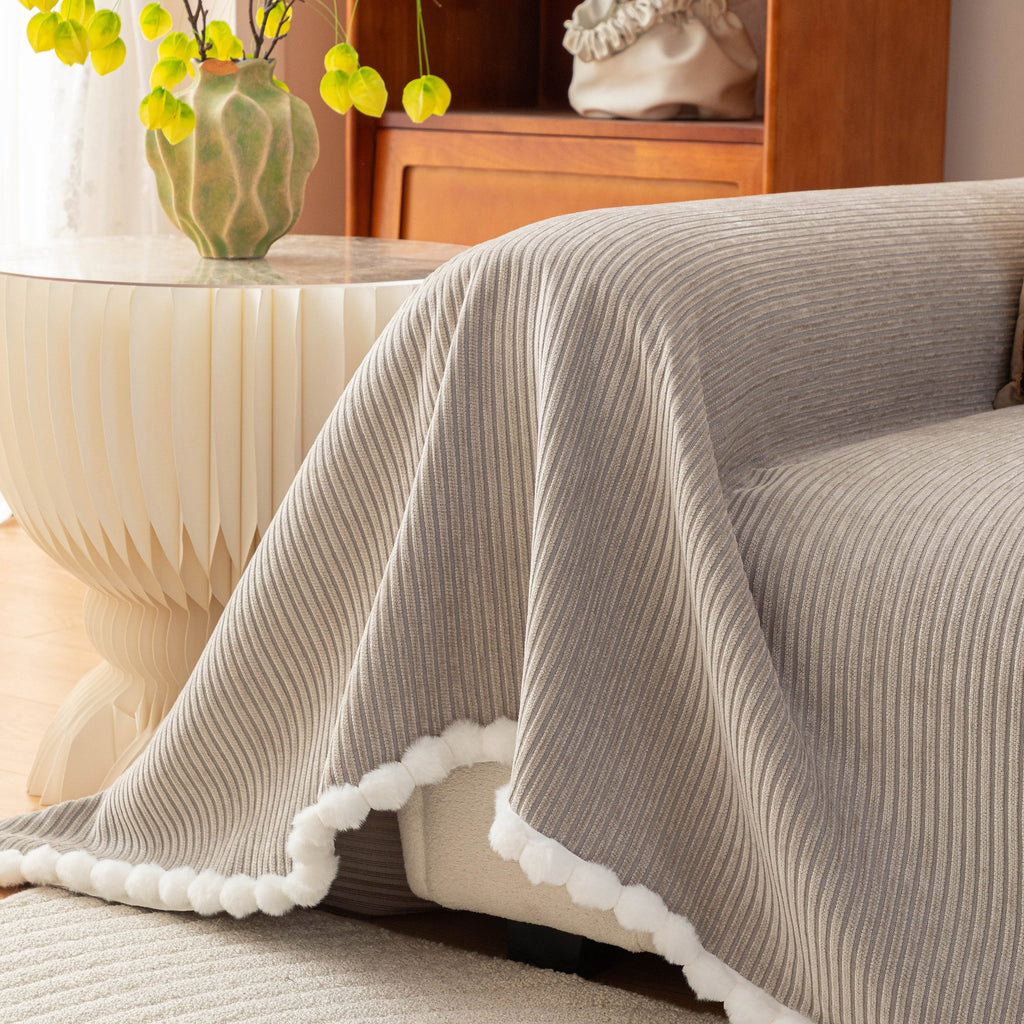 Textured Striped Cozy Couch Cover Throw Blanket with Pom Pom Trim for Sectional Sofa
