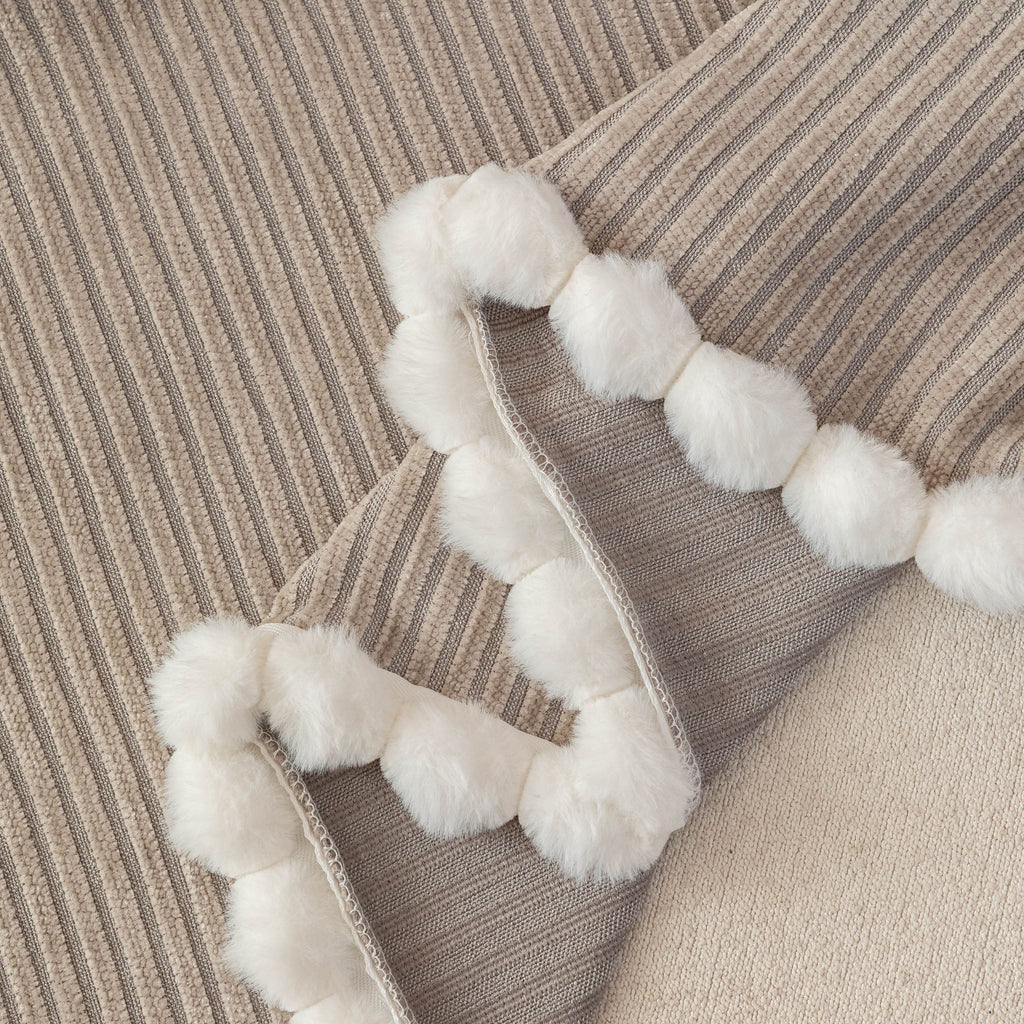 Textured Striped Cozy Couch Cover Throw Blanket with Pom Pom Trim for Sectional Sofa