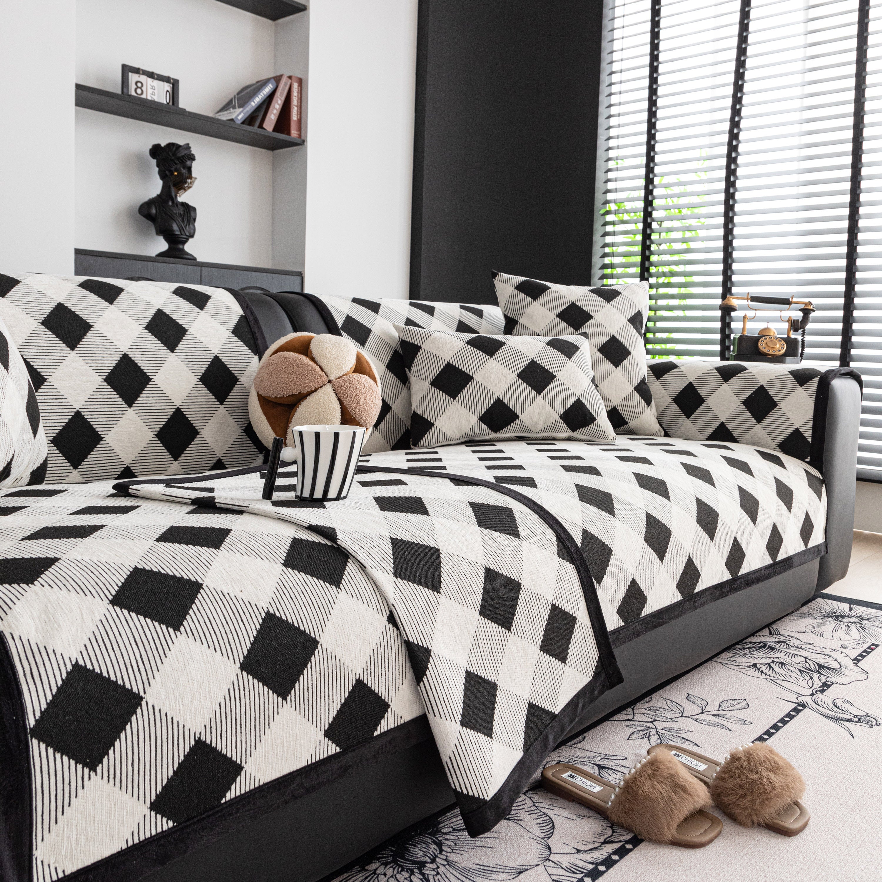 Non-Slip Chenille Sofa Slipcover Modern Geometric Sofa Protector Fits Most Sofas