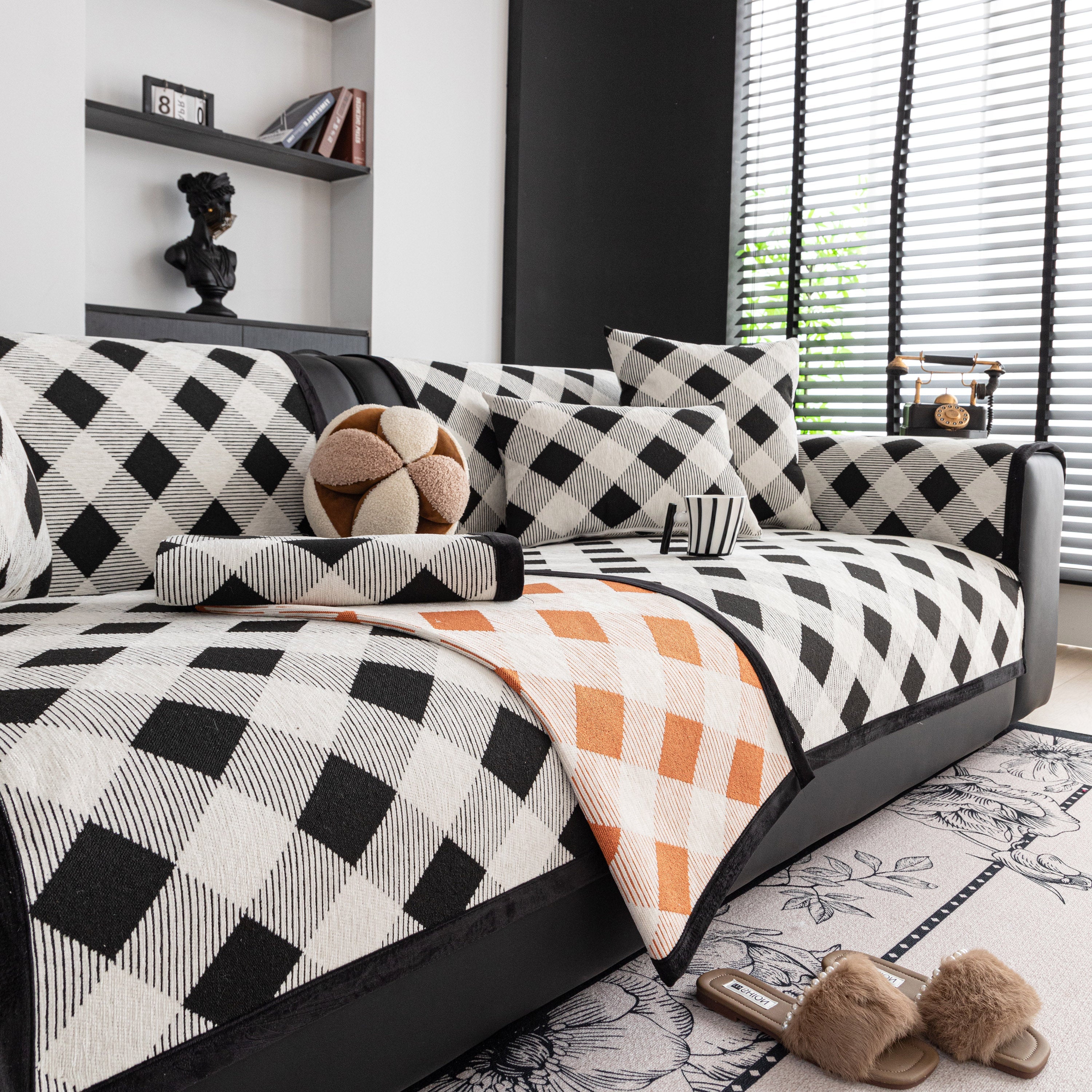 Non-Slip Chenille Sofa Slipcover Modern Geometric Sofa Protector Fits Most Sofas