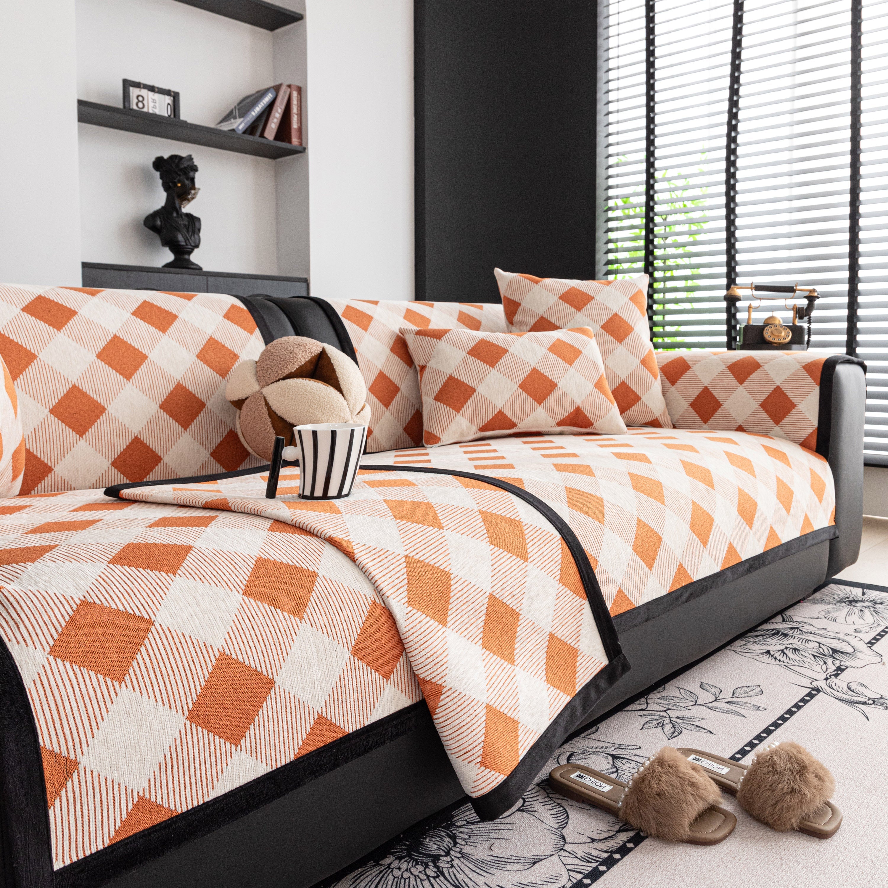 Non-Slip Chenille Sofa Slipcover Modern Geometric Sofa Protector Fits Most Sofas