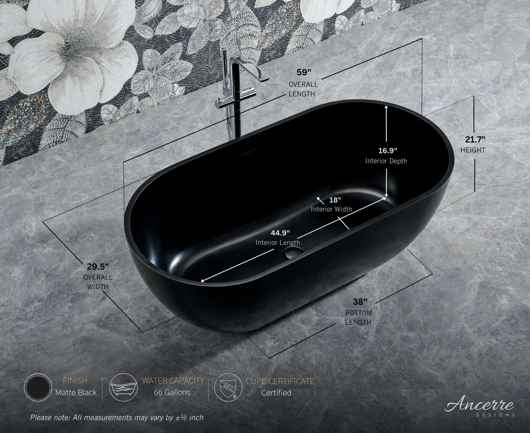 Cascade 59” Freestanding Solid Surface Bathtub