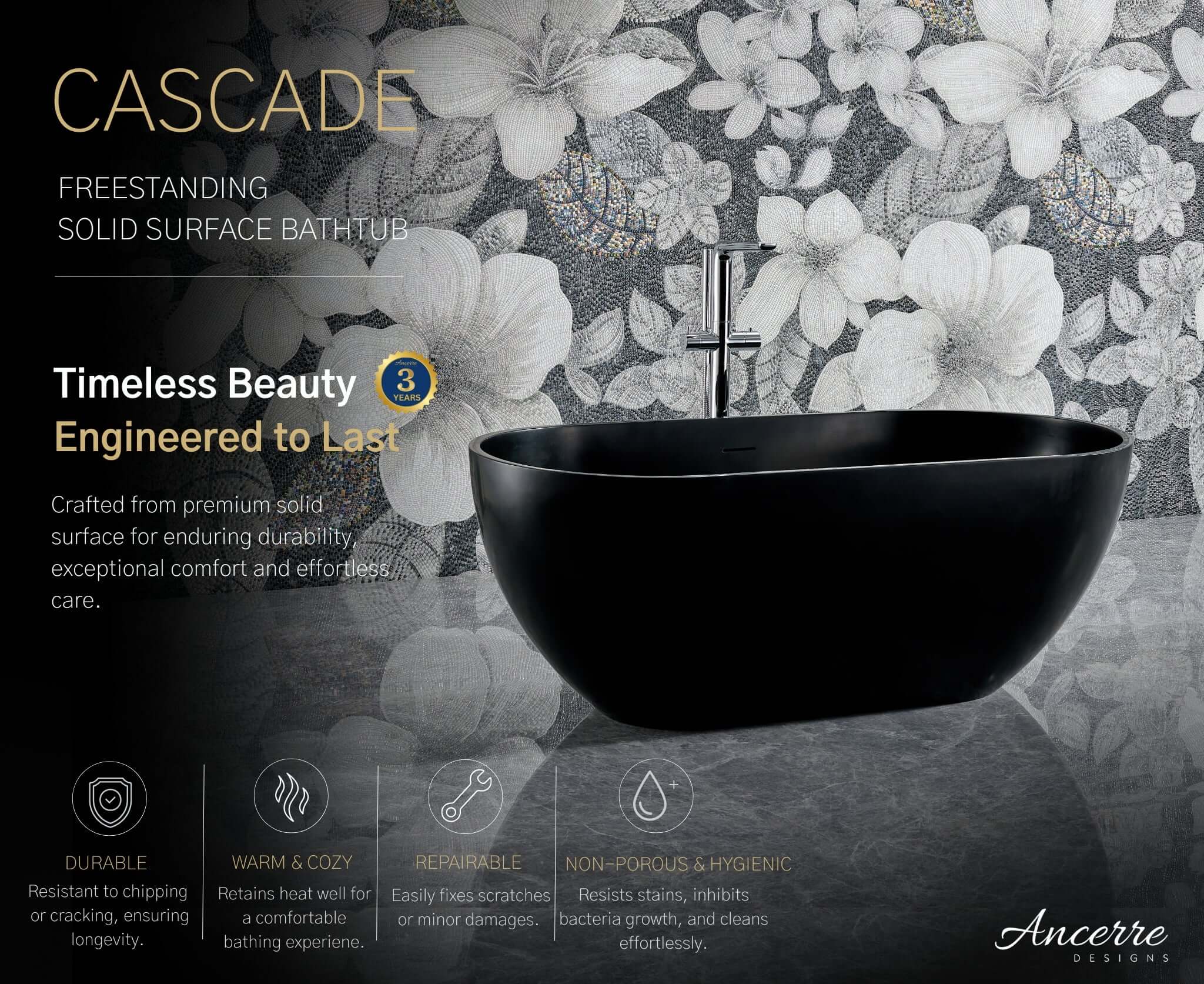 Cascade 59” Freestanding Solid Surface Bathtub