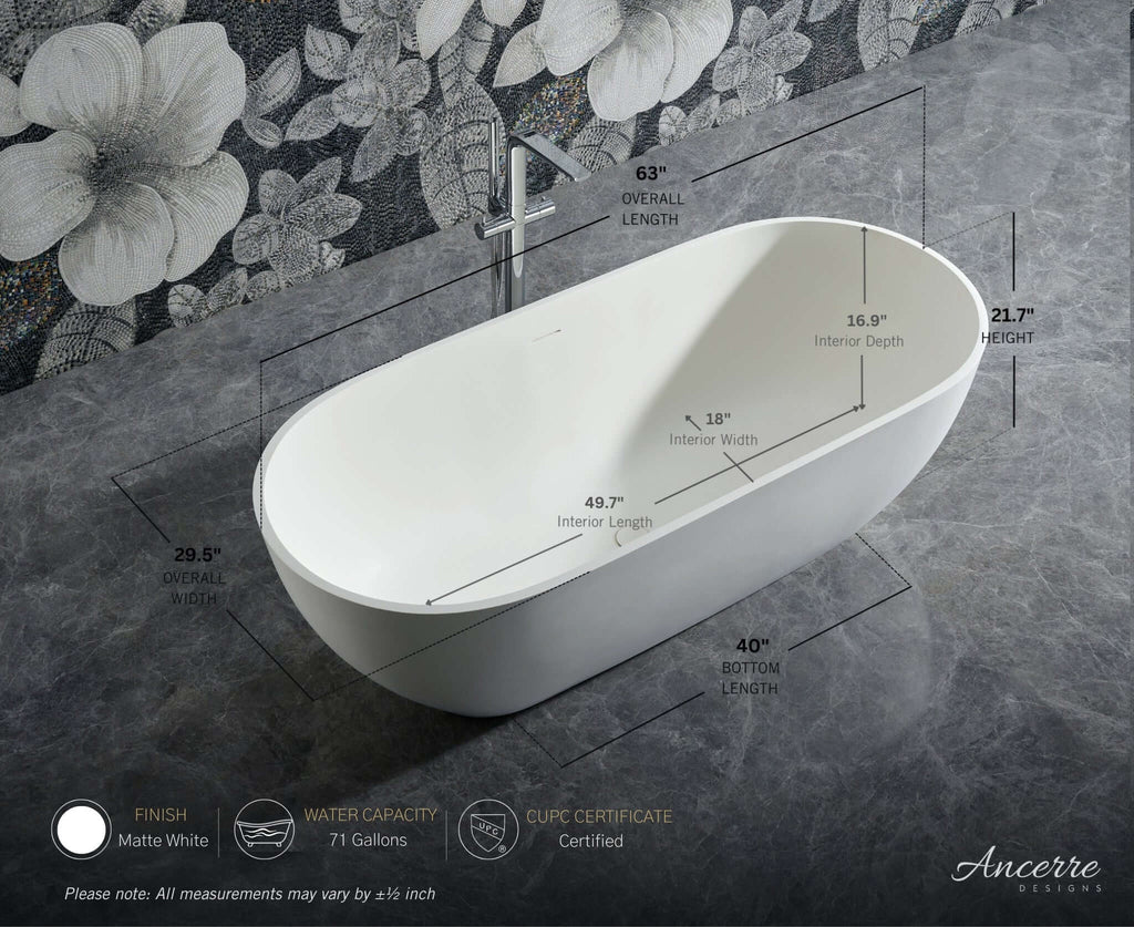 Cascade 63” Freestanding Solid Surface Bathtub