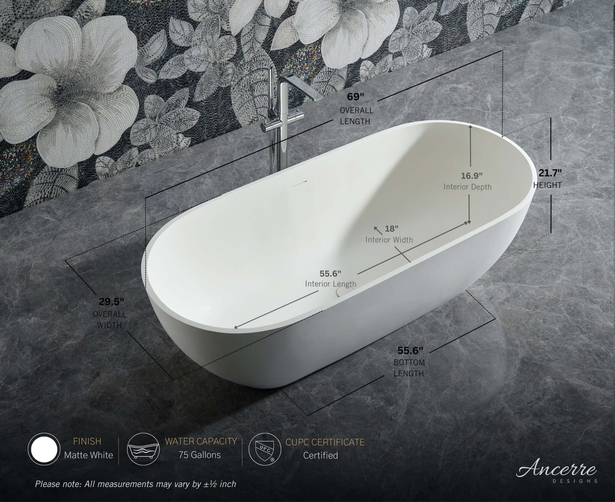 Cascade 69 ” Freestanding Solid Surface Bathtub