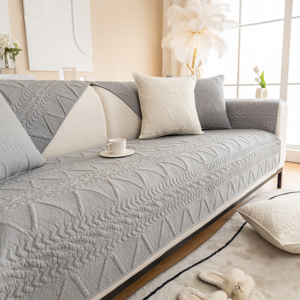 Geometric Textured Cotton Quilted Sofa Cover, Non-Slip Washable Couch Protector
