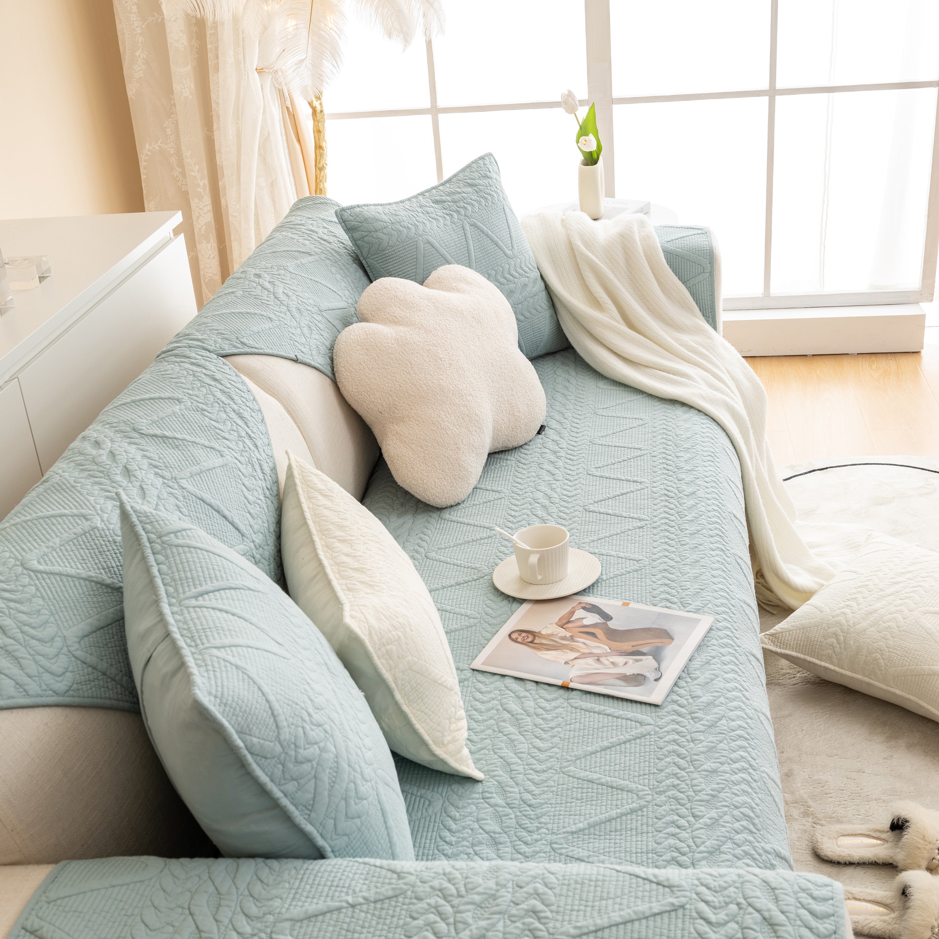 Geometric Textured Cotton Quilted Sofa Cover, Non-Slip Washable Couch Protector