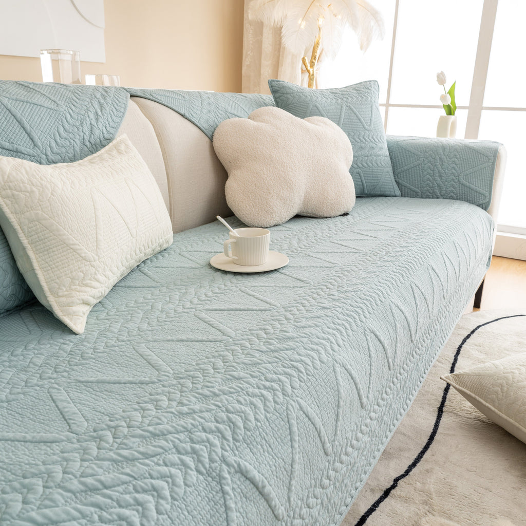 Geometric Textured Cotton Quilted Sofa Cover, Non-Slip Washable Couch Protector
