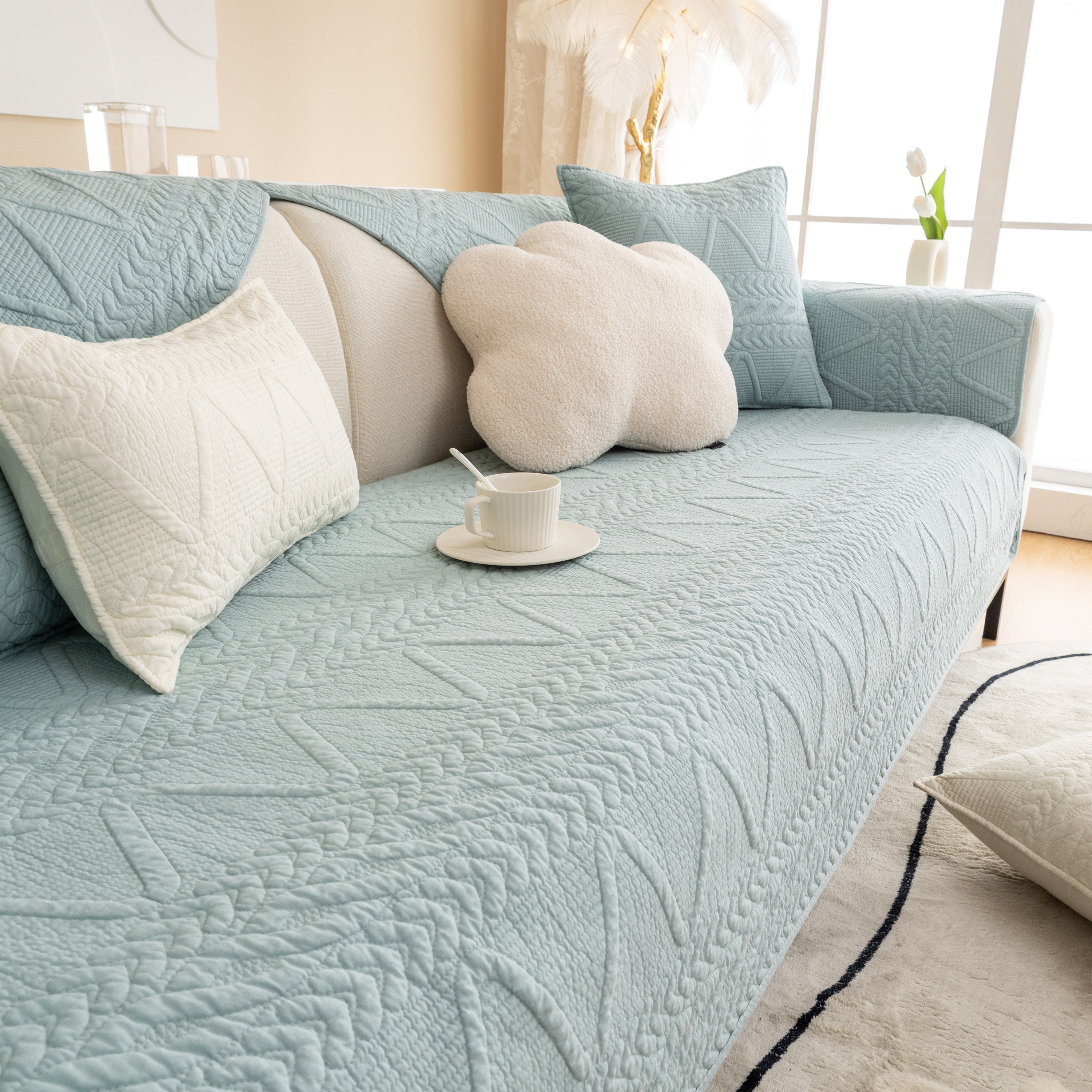 Geometric Textured Cotton Quilted Sofa Cover, Non-Slip Washable Couch Protector