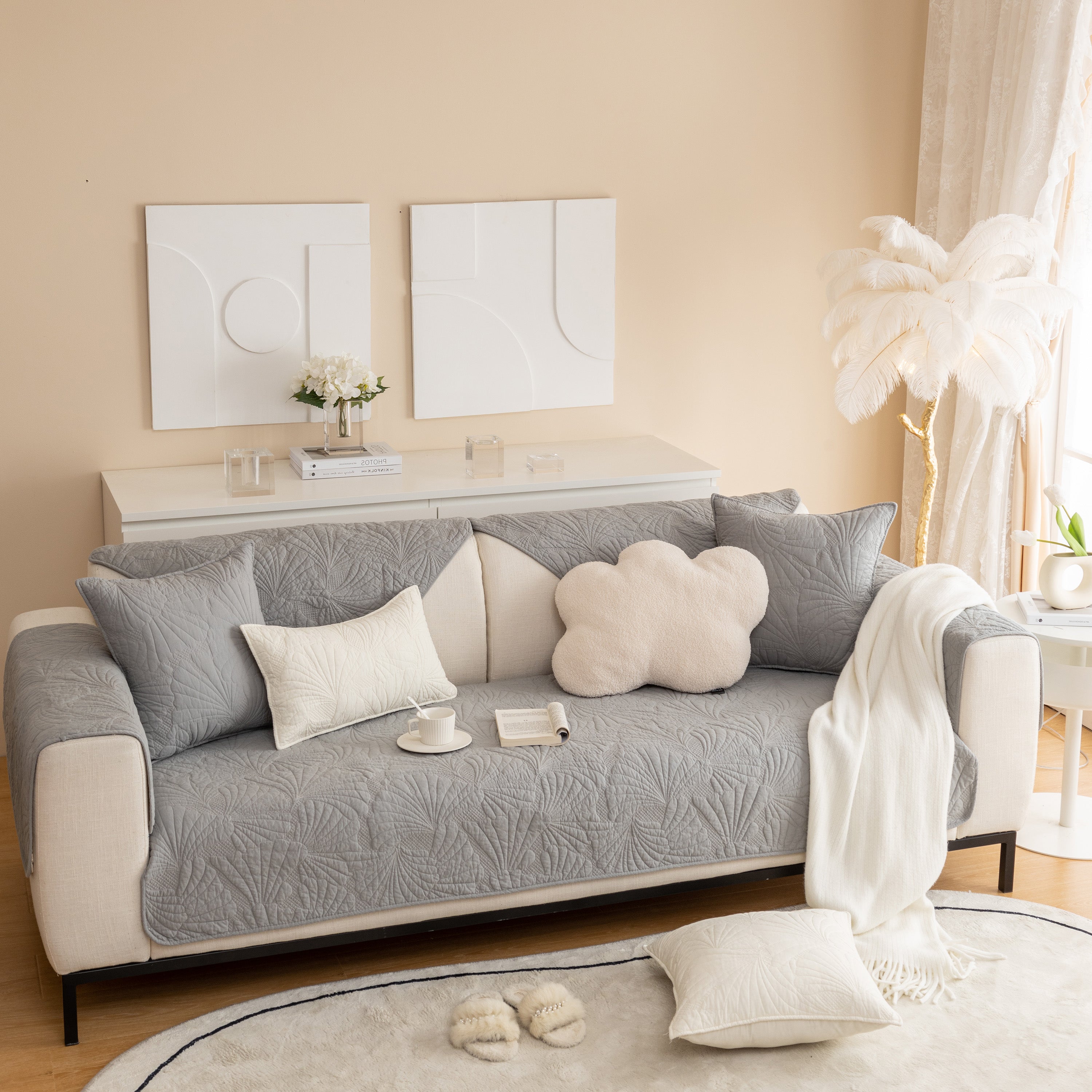 Embossed Leaf Cotton Quilted Sofa Cover Non-Slip Couch Protector with Thick Padding