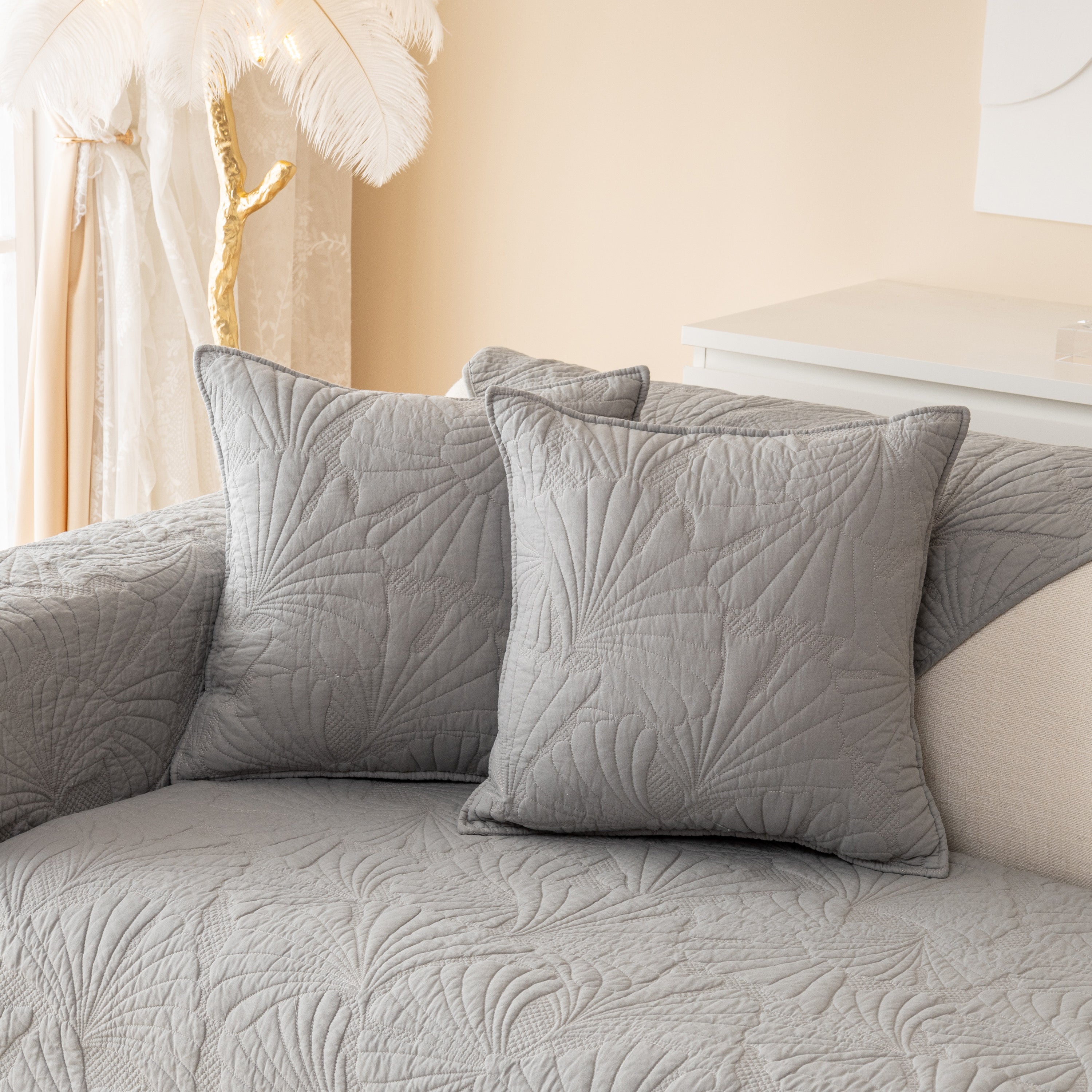 Embossed Leaf Cotton Quilted Sofa Cover Non-Slip Couch Protector with Thick Padding