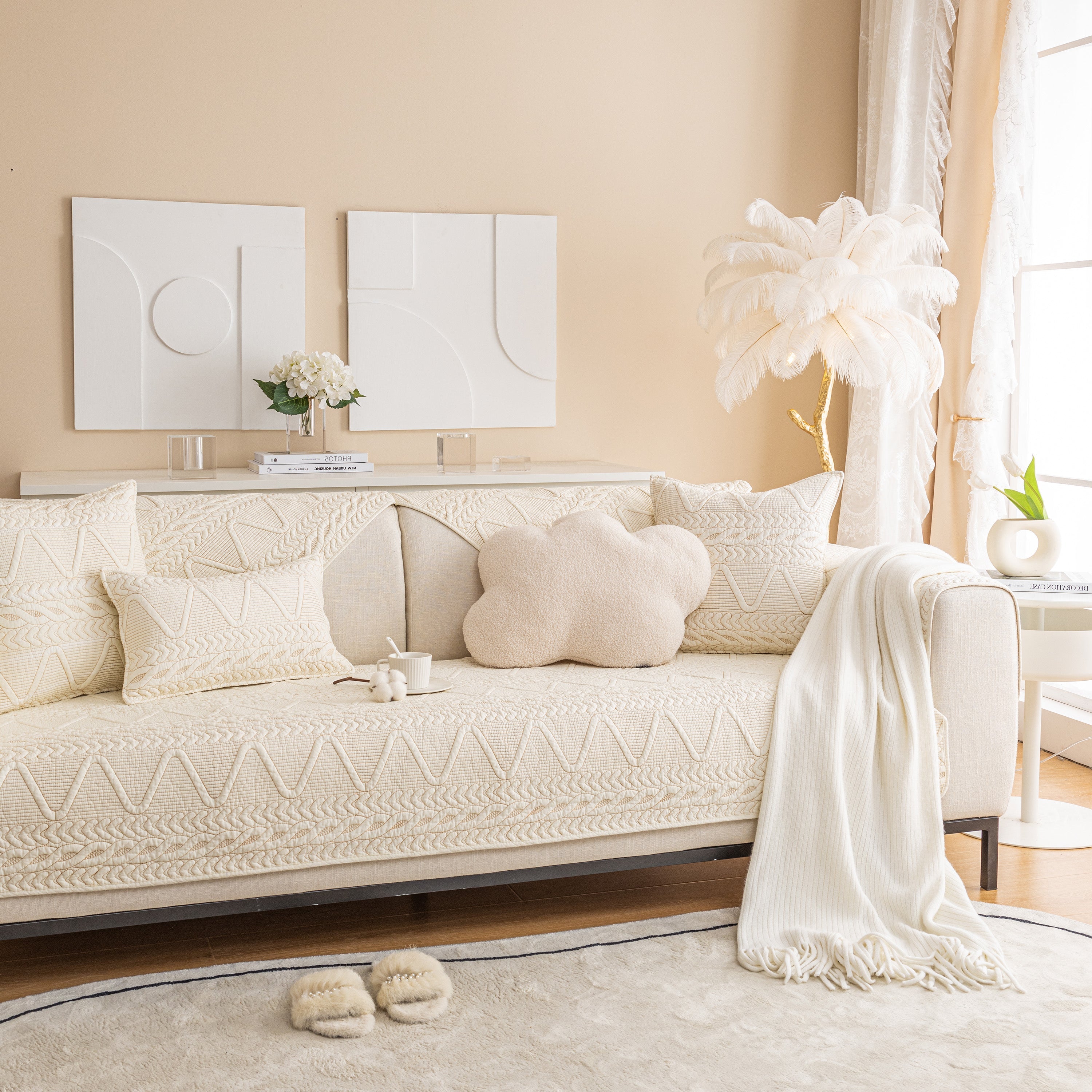 Geometric Textured Cotton Quilted Sofa Cover, Non-Slip Washable Couch Protector