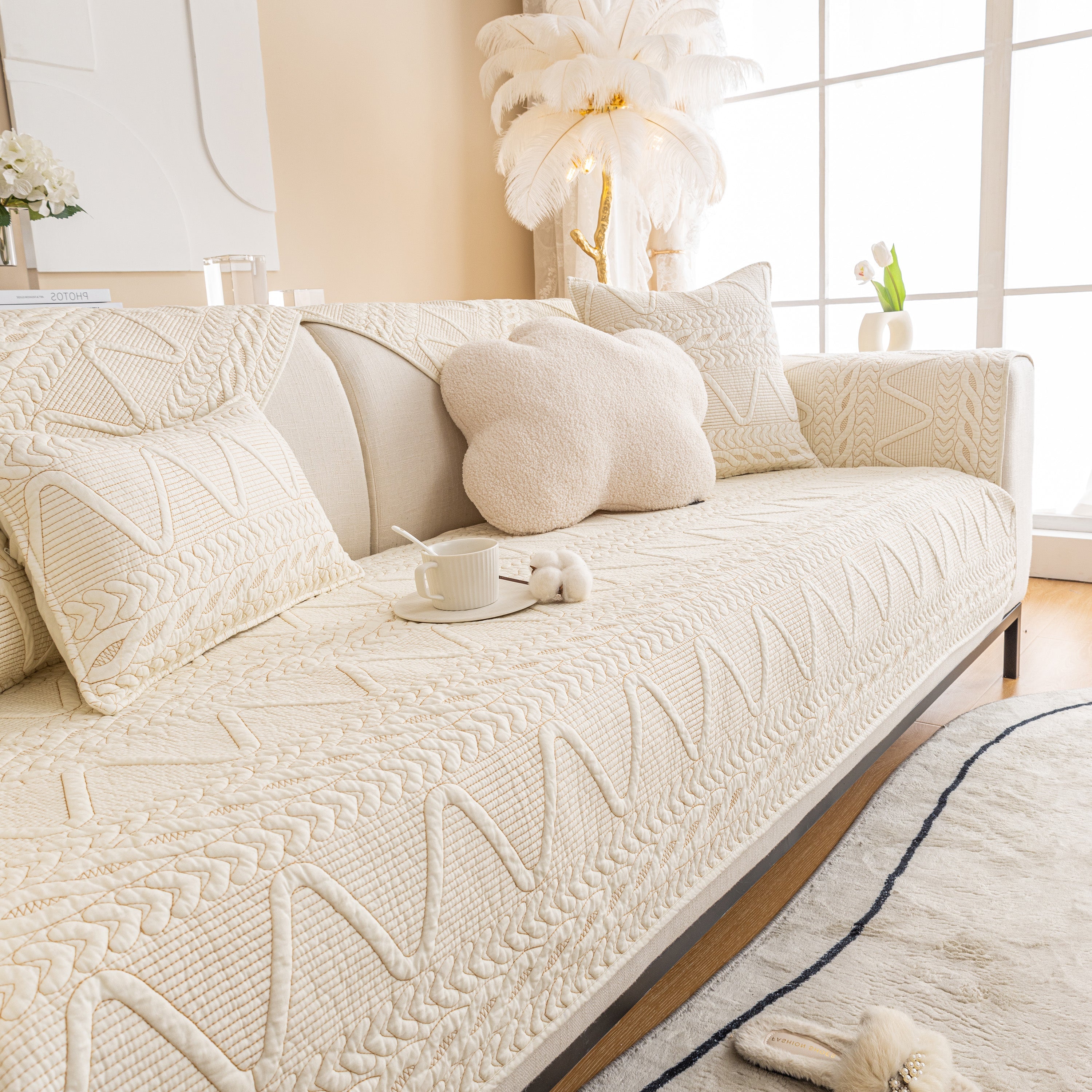 Geometric Textured Cotton Quilted Sofa Cover, Non-Slip Washable Couch Protector