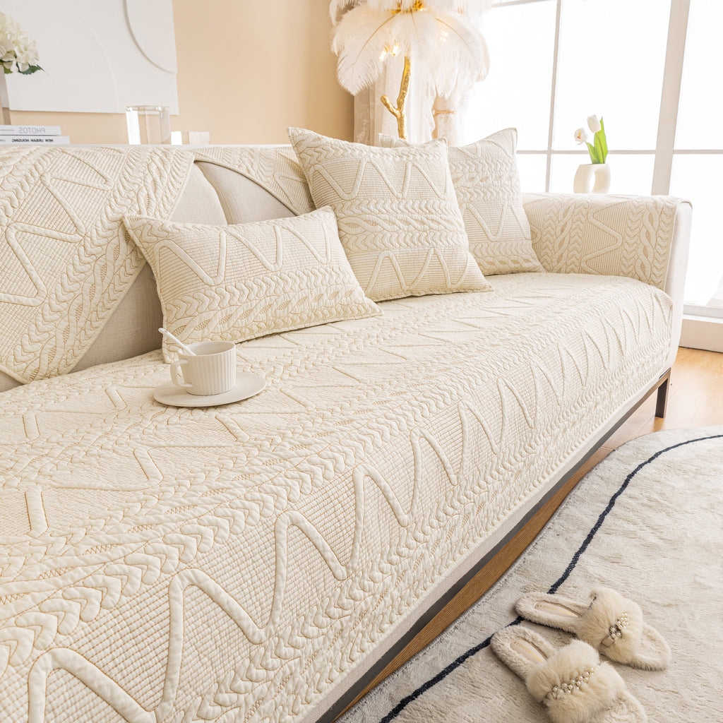 Geometric Textured Cotton Quilted Sofa Cover, Non-Slip Washable Couch Protector