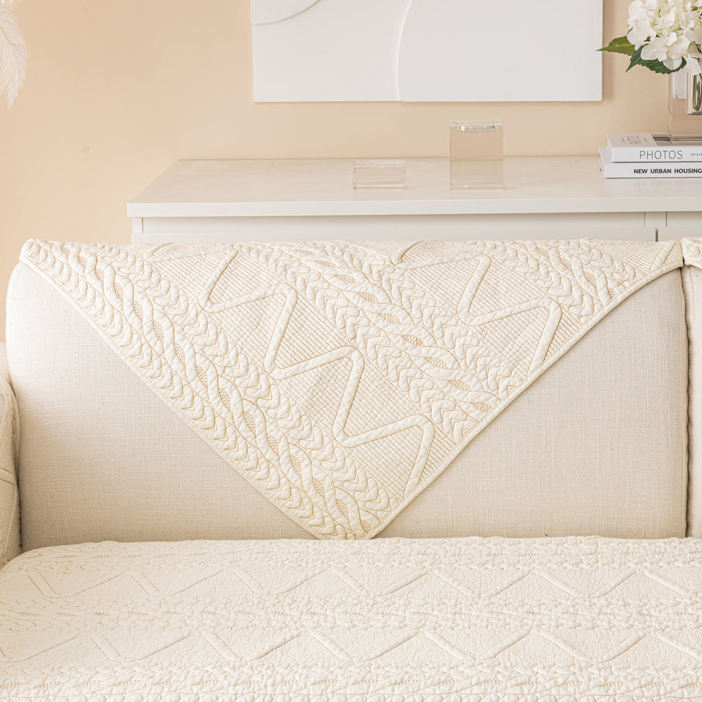 Geometric Textured Cotton Quilted Sofa Cover, Non-Slip Washable Couch Protector