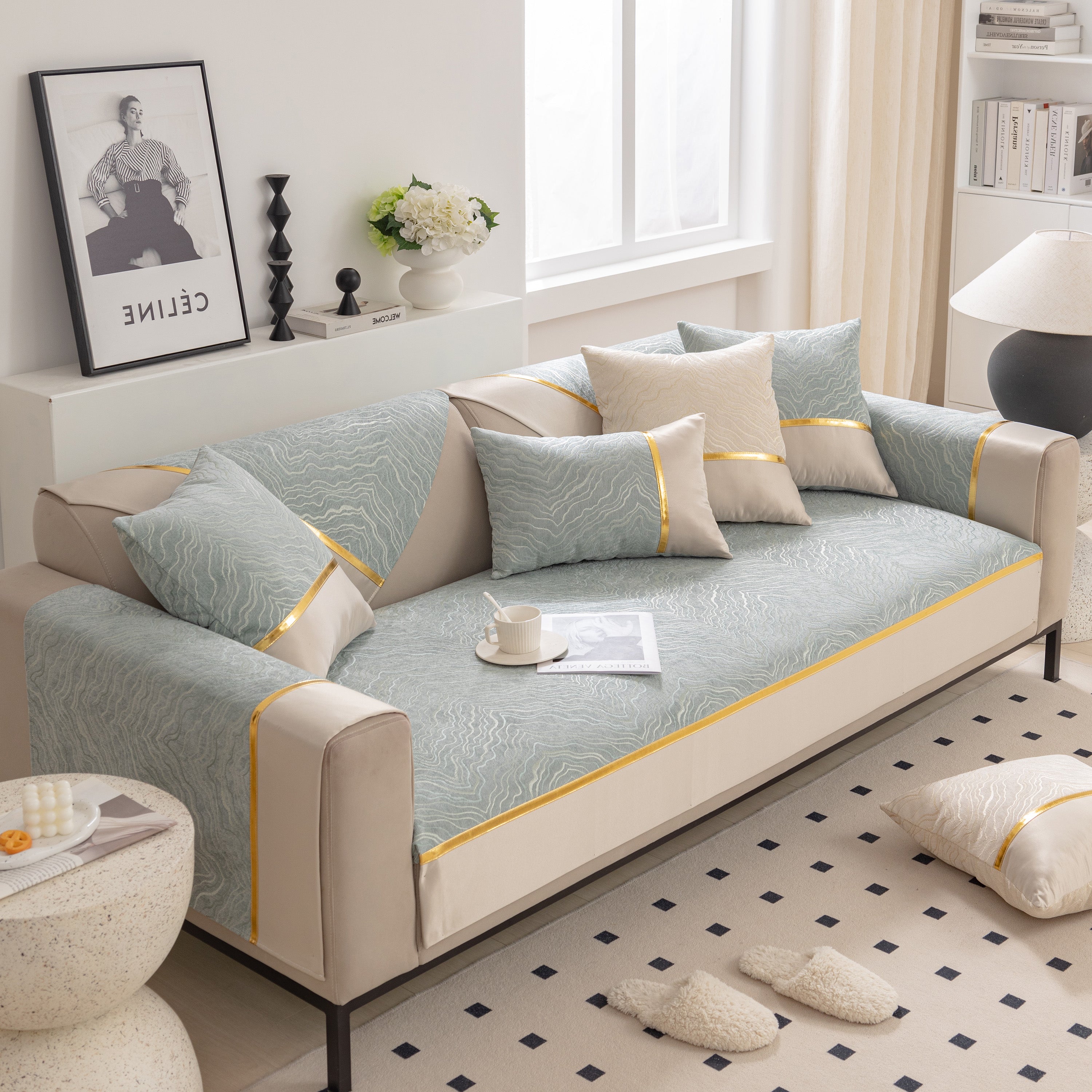 Modular Sofa Cover for Sectionals, Gold Striped Non-Slip Couch Protector