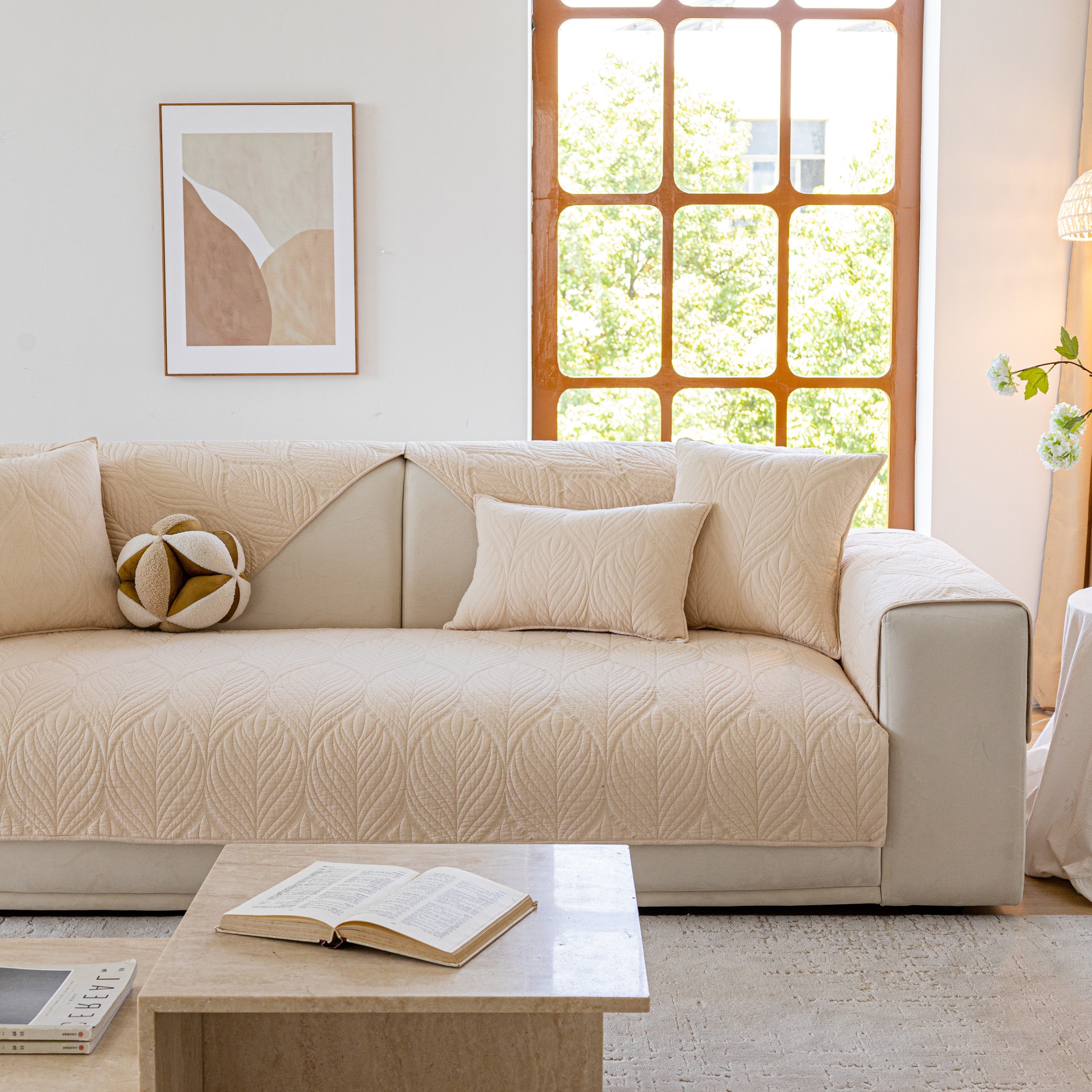 Leaf Vein Textured Cotton Quilted Sofa Slipcover, Non-Slip Modular Couch Covers